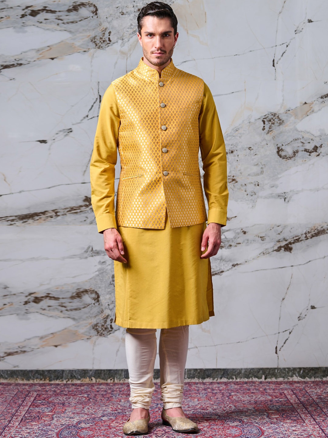 

Tasva Men Yellow Kurta with Churidar With Nehru Jacket