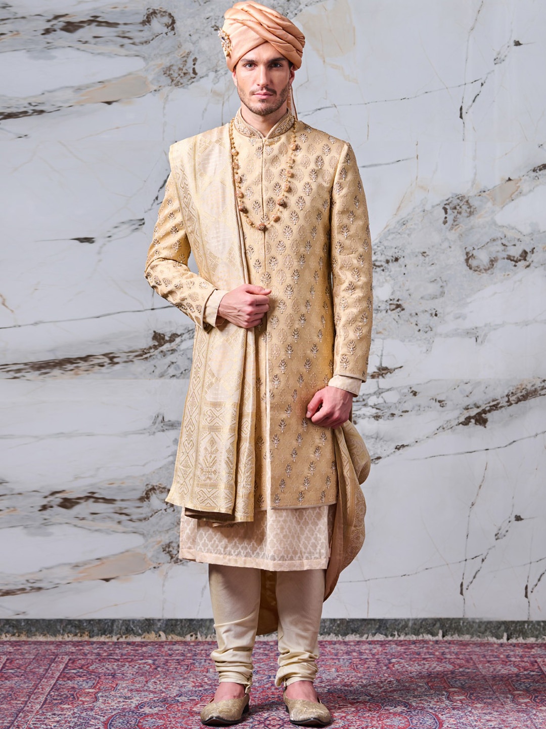 

Tasva Men Golden & White Woven Design Sherwani, Gold