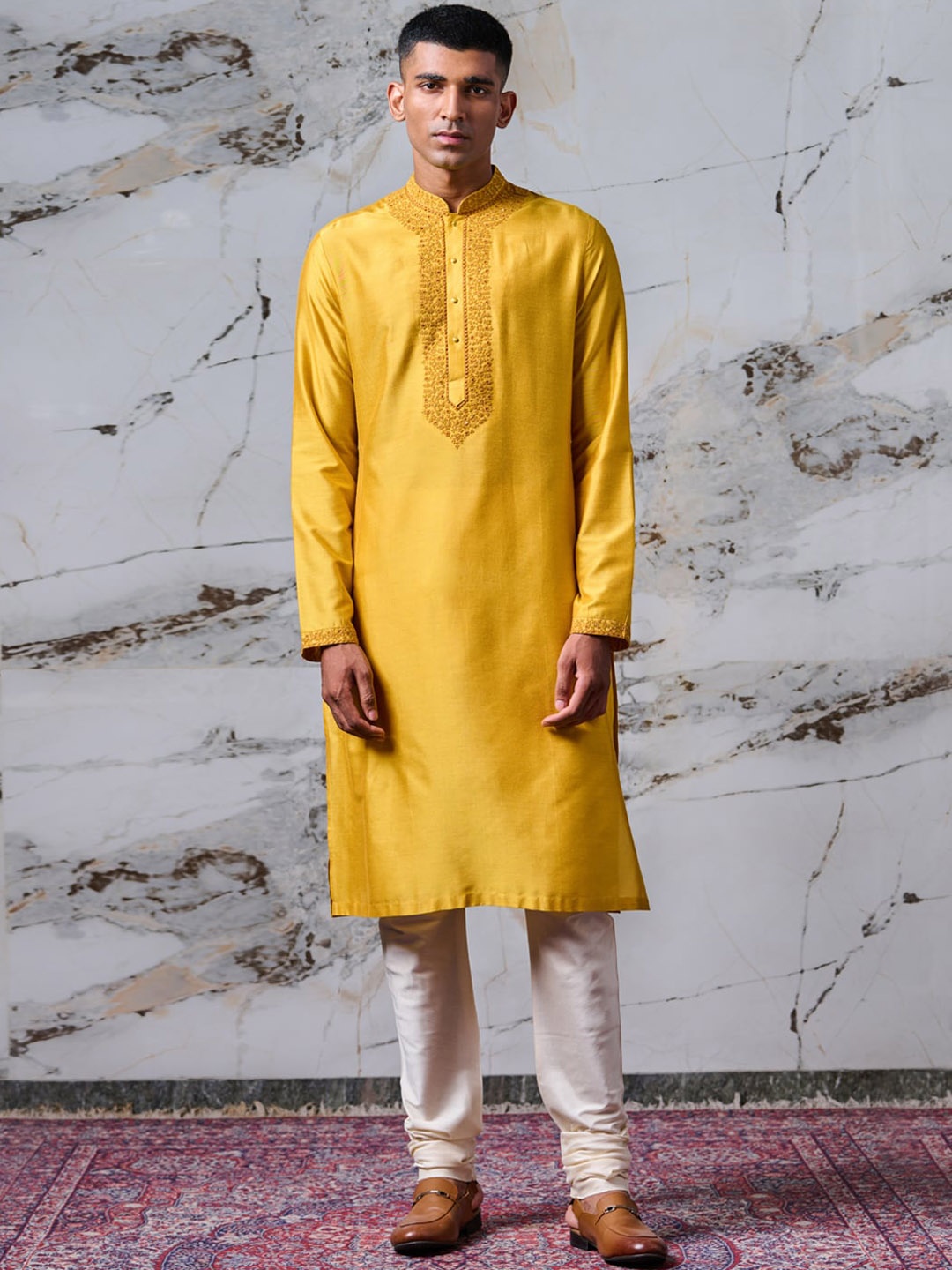 

Tasva Men Yellow Embroidered Thread Work Kurta with Churidar