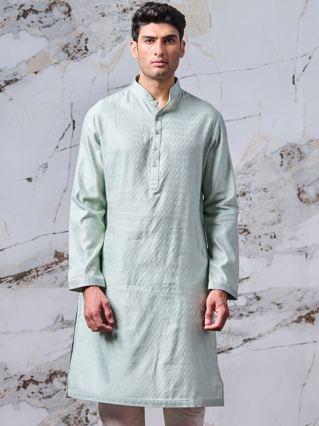 

Tasva Men Sea Green Self Design Straight Kurta with Churidar