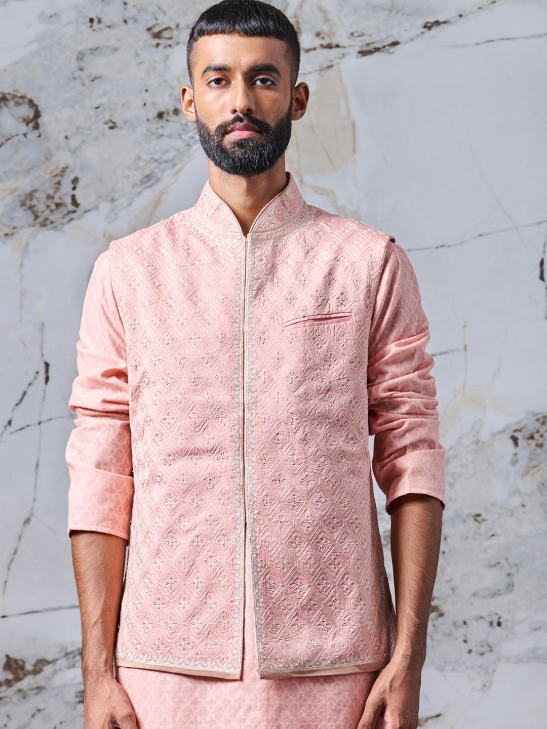 

Tasva Men Pink Floral Embroidered Kurta with Churidar with Nehru Jacket