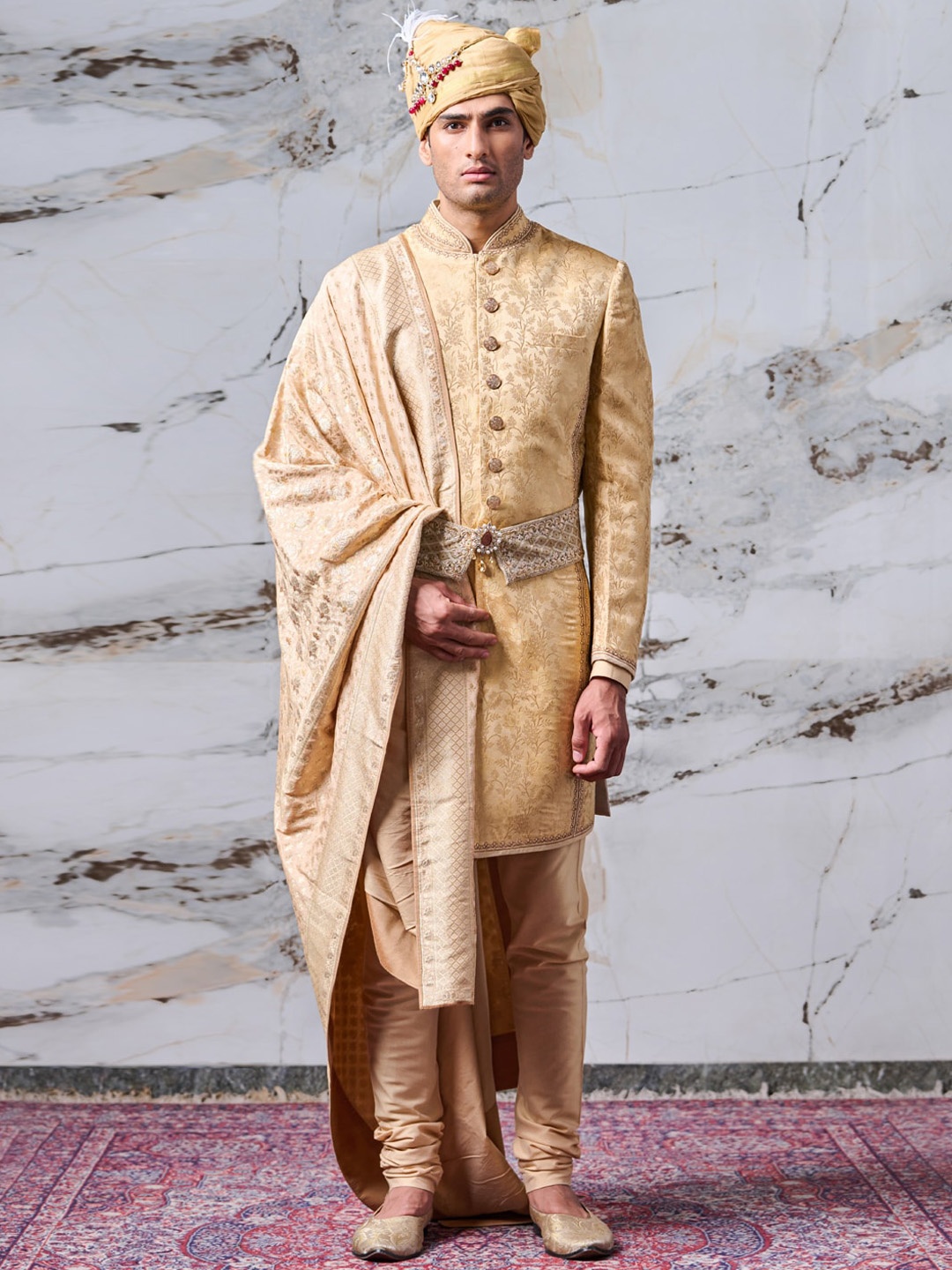 

Tasva Men Golden Printed Sherwani Set, Gold