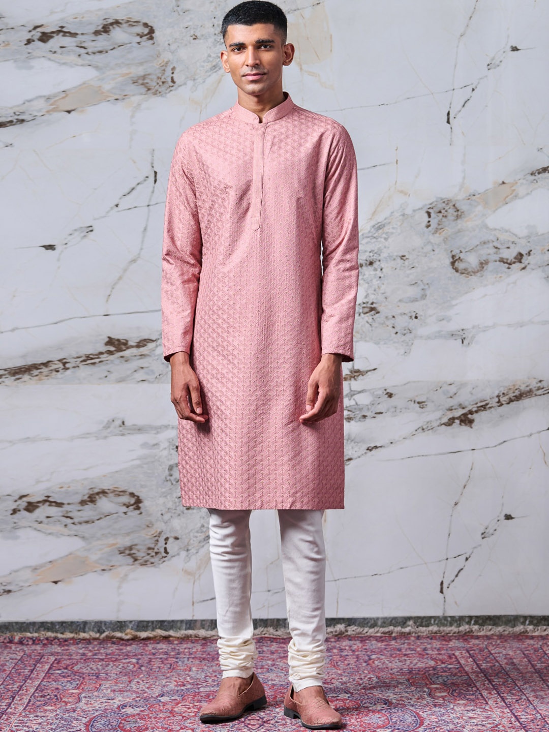 

Tasva Men Peach-Coloured Embroidered Kurta with Pyjamas Set