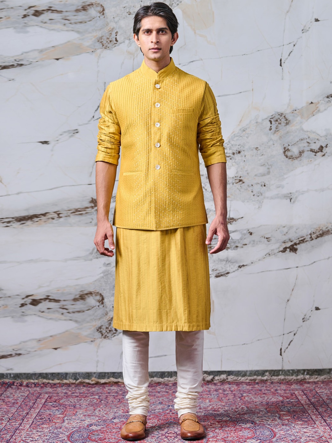 

Tasva Men Yellow Solid Nehru Jackets