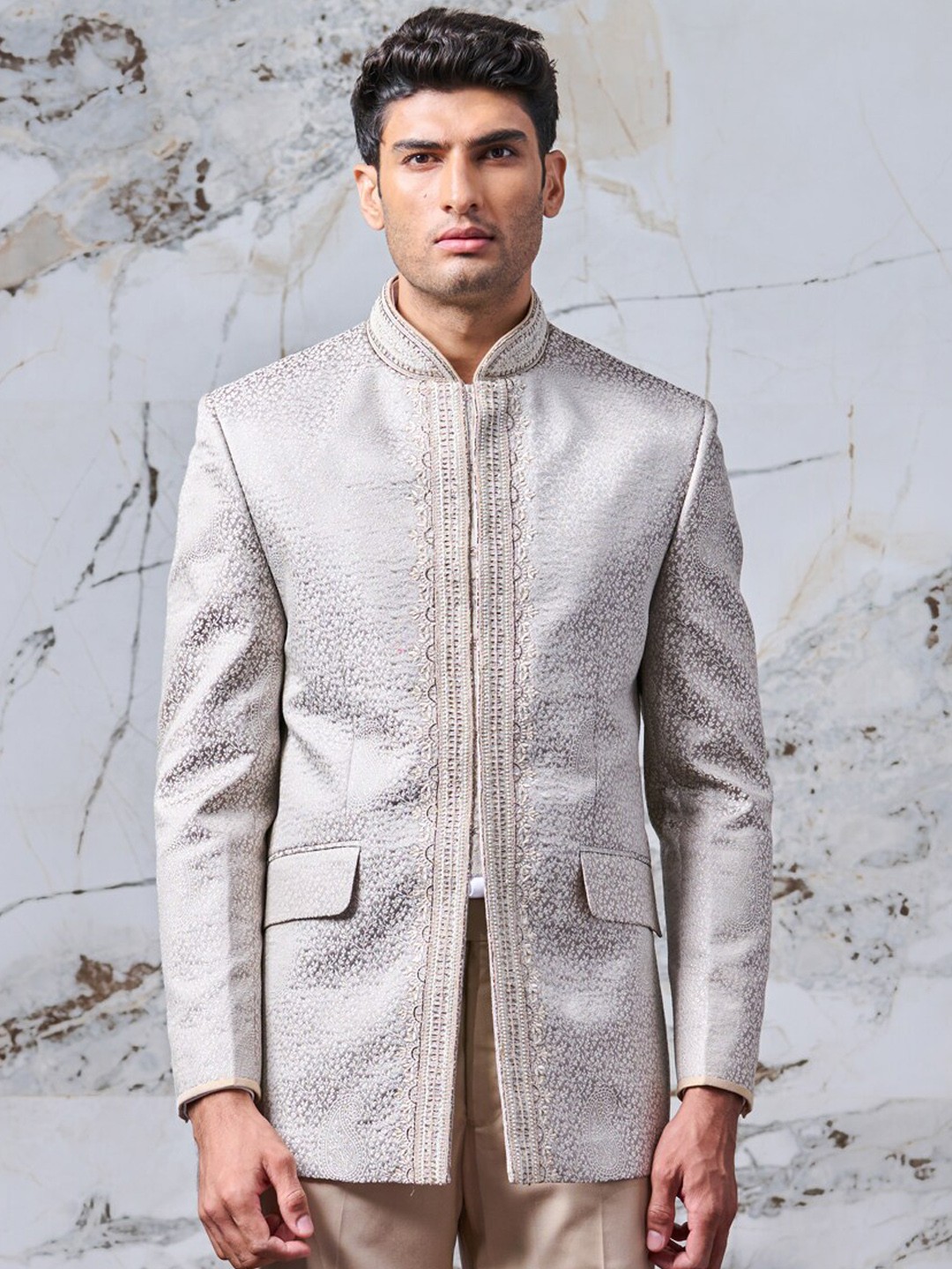 

Tasva Men Silver Colored Embroidered Two Piece Bandgala Suits
