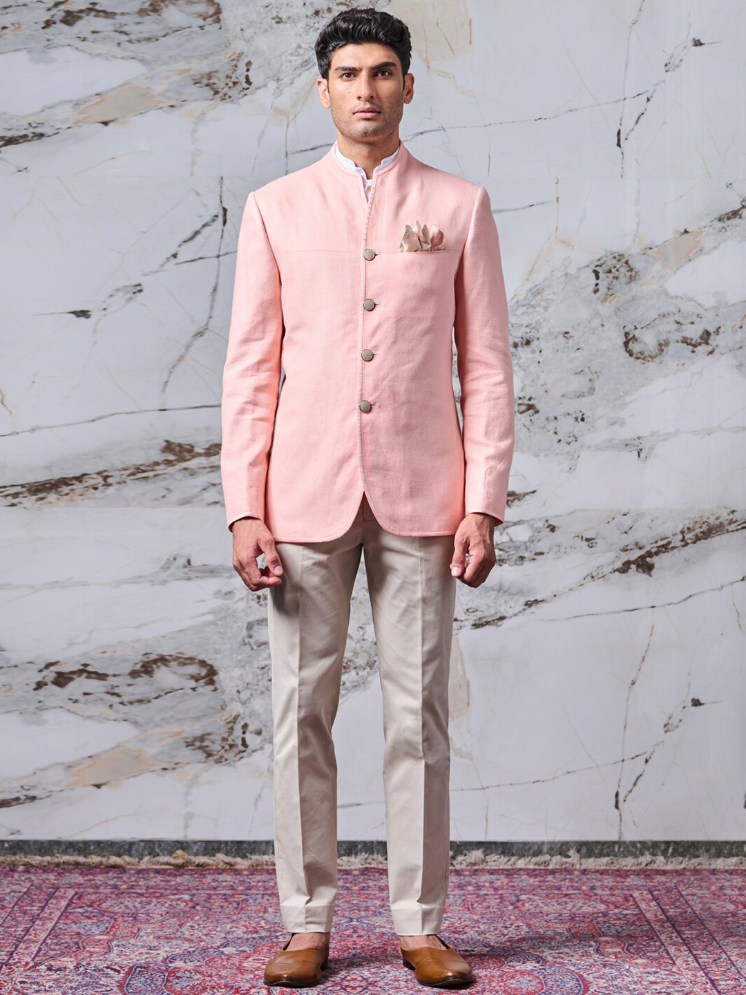 

Tasva Men Peach & Grey Solid Bandhgala Linen Suit