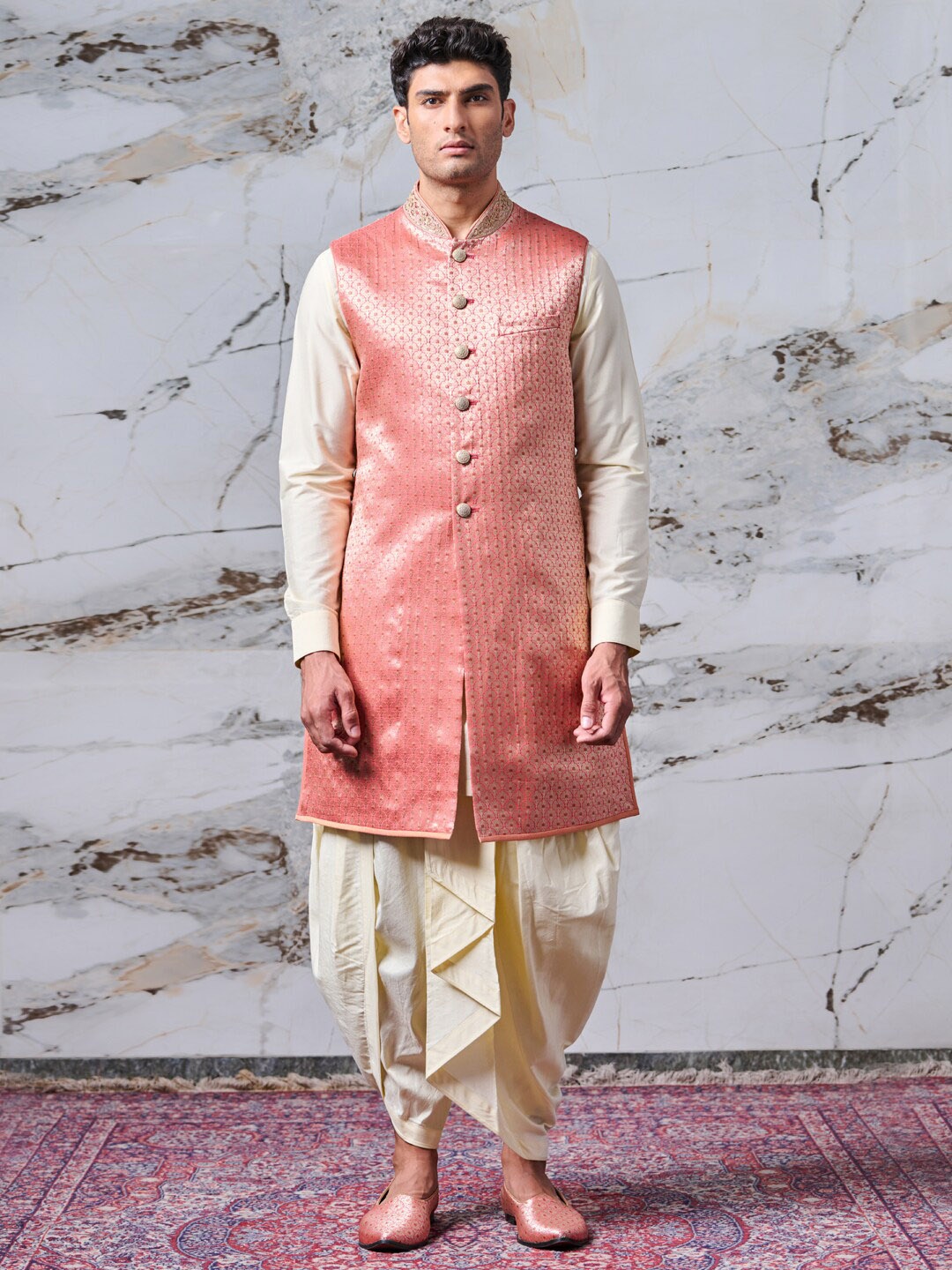

Tasva Men Pink Embroidered Kurta with Dhoti Pants