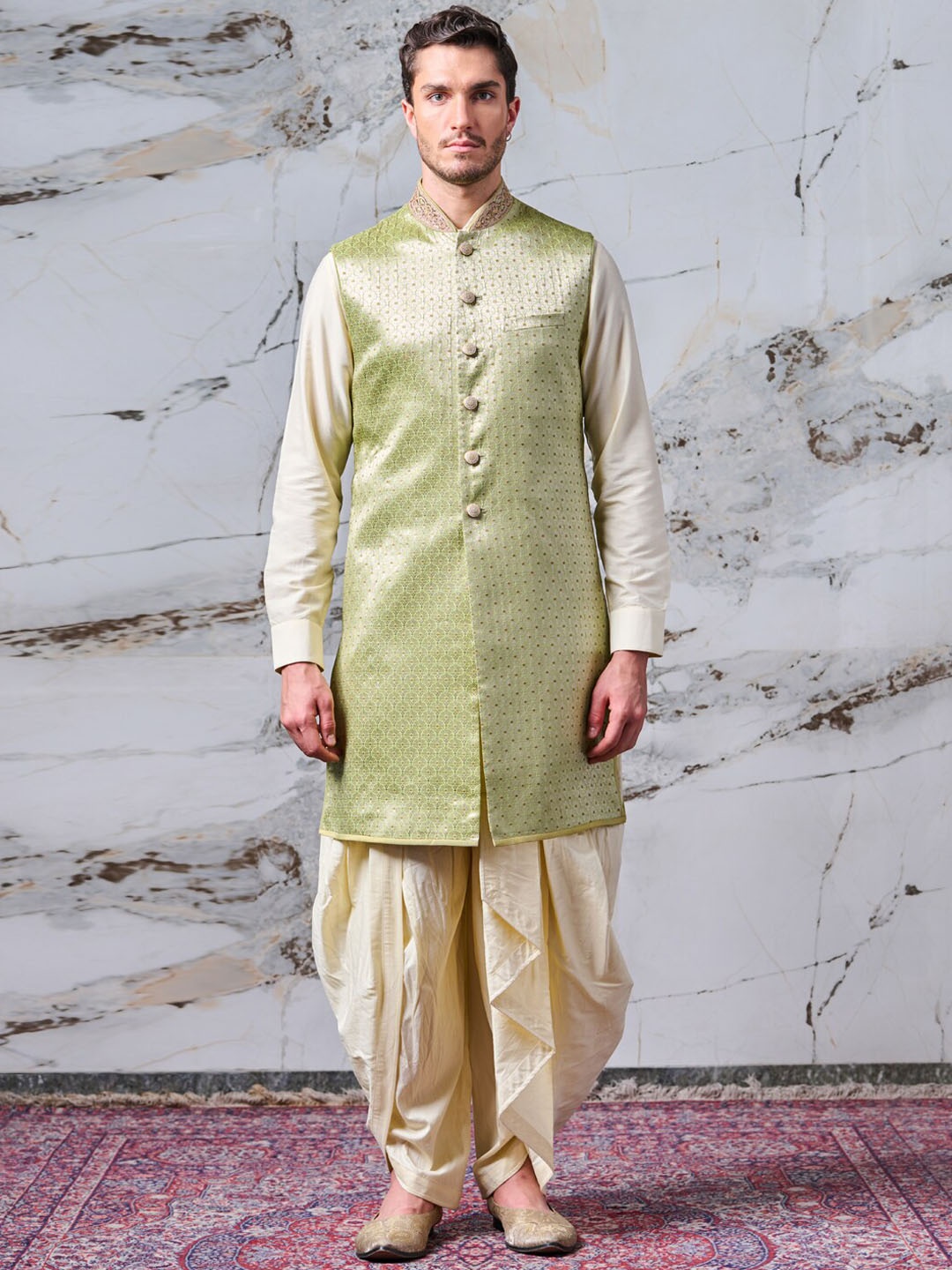 Tasva Men Beige & Green Kurta with Dhoti Pants & Jacket