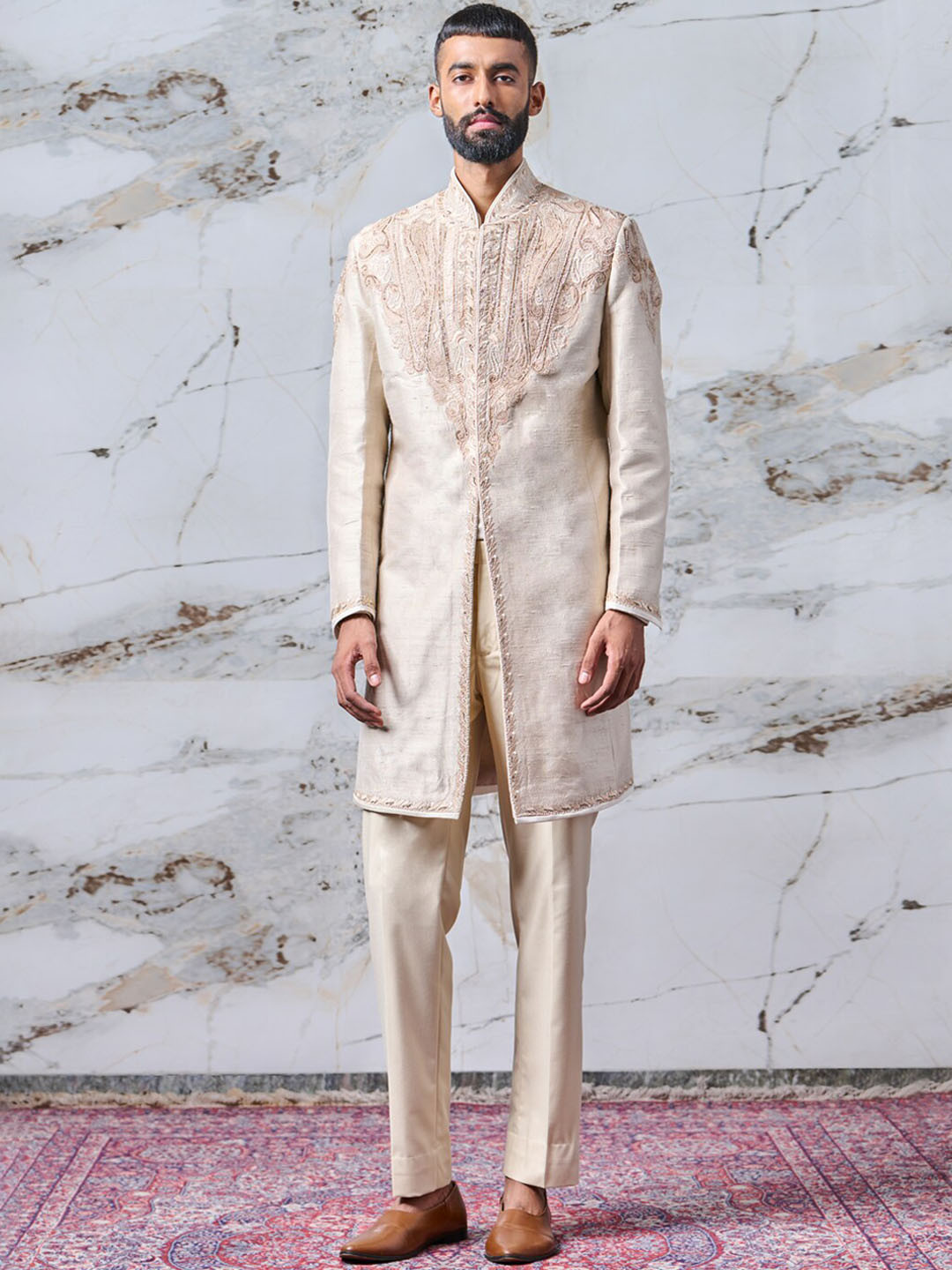 

Tasva Men Off White Tissue Aari Embroidered Sherwani Set