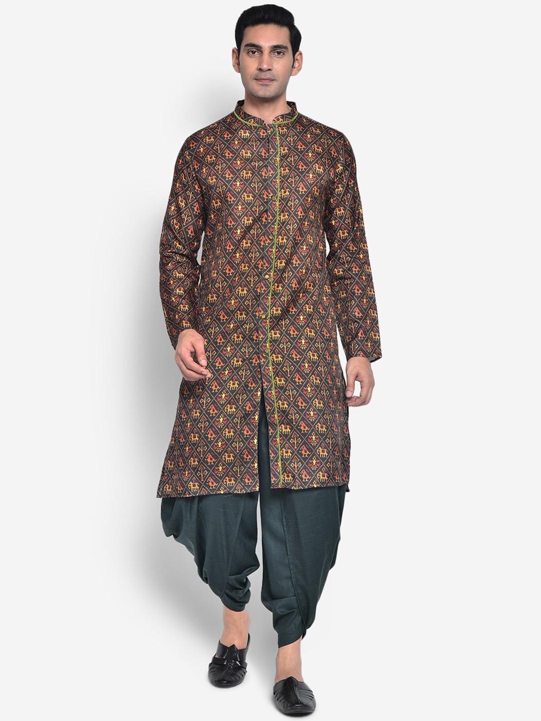 KISAH Men Orange & Brown Ethnic Motifs Printed Thread Work Kurta