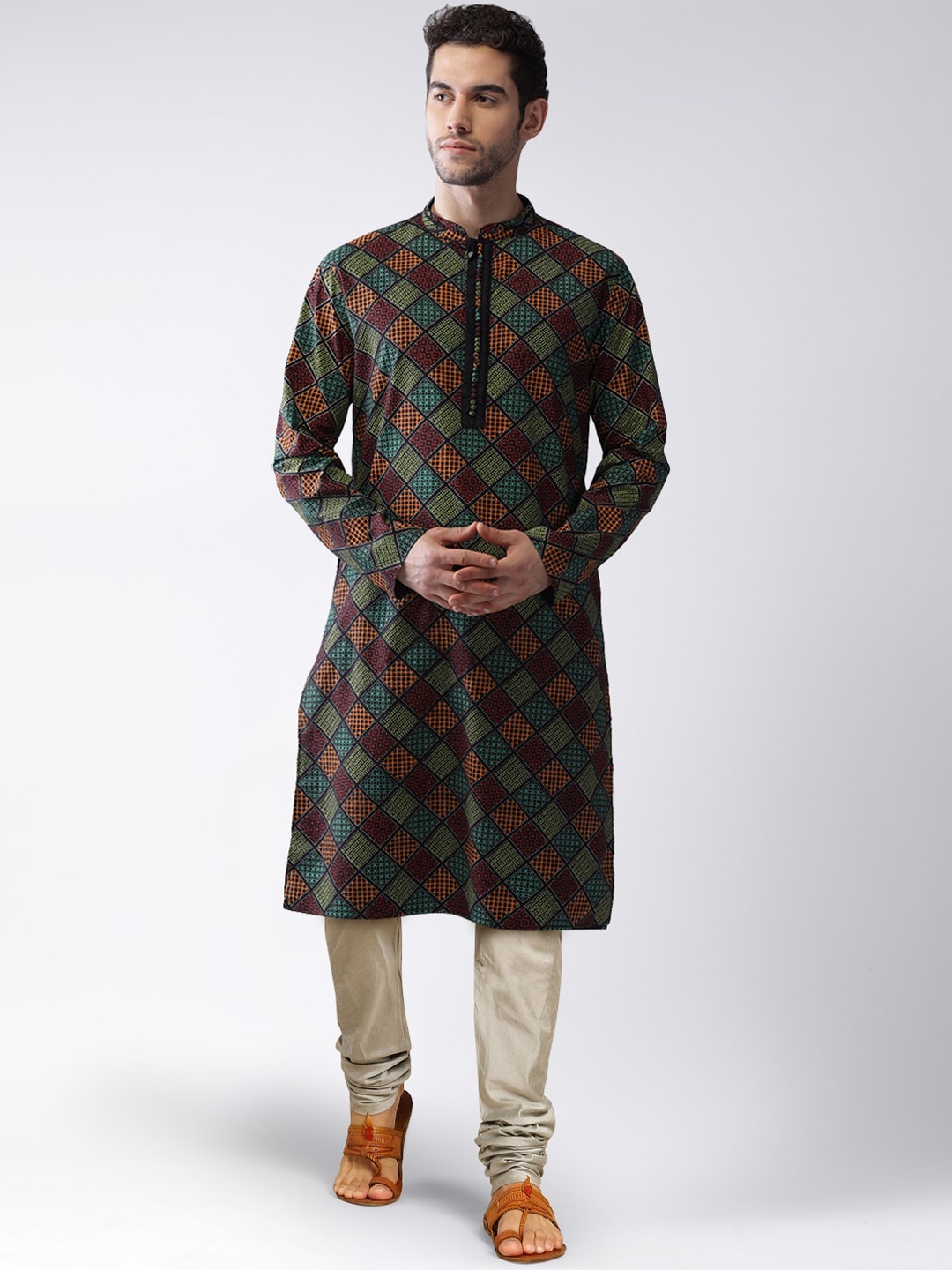 

KISAH Men Printed Regular Fit Gundi Buttons Kurta, Brown