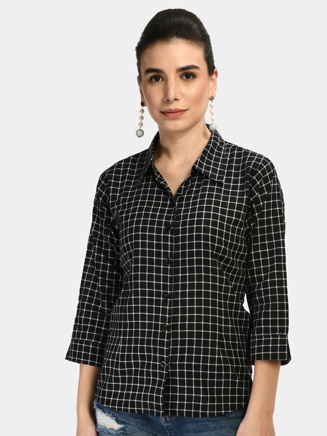 

Akshatani Women Black Slim Fit Grid Tattersall Checks Checked Casual Shirt