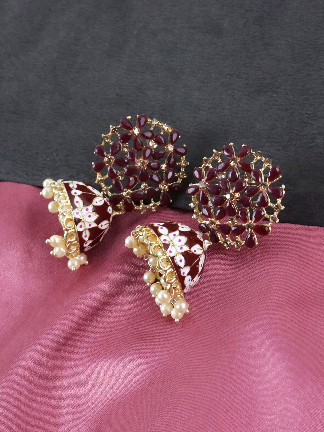 

Krelin Gold-Plated Maroon Dome Shaped Jhumkas Earrings