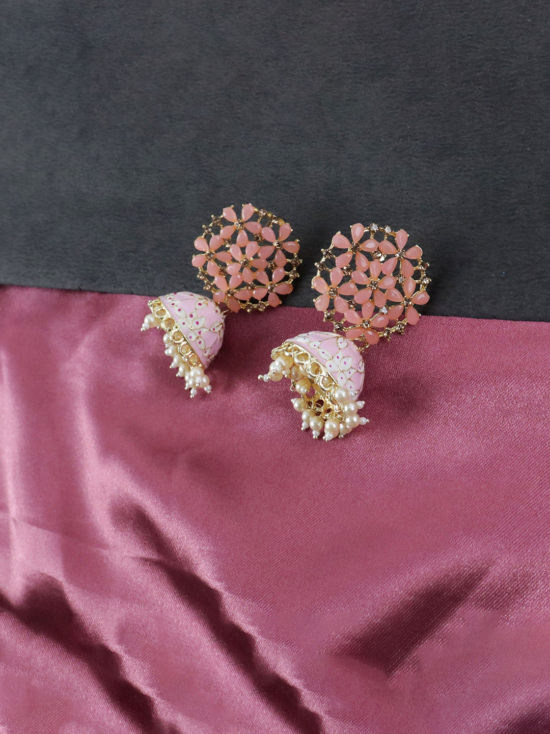 

Krelin Pink Dome Shaped Meenakari Jhumkas Earrings