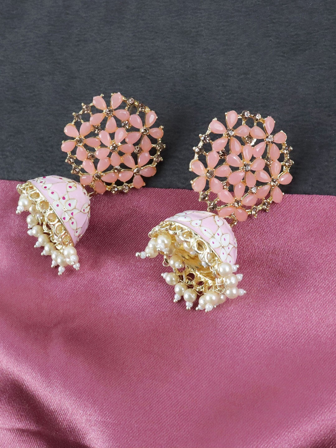 

Krelin Silver-Toned & Peach-Coloured Gold Plated Dome Shaped Jhumkas Earrings