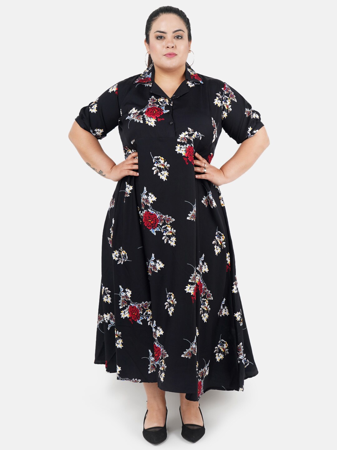 

Indietoga Women Plus Size Black Floral Printed Fit and Flare Long Maxi Dress