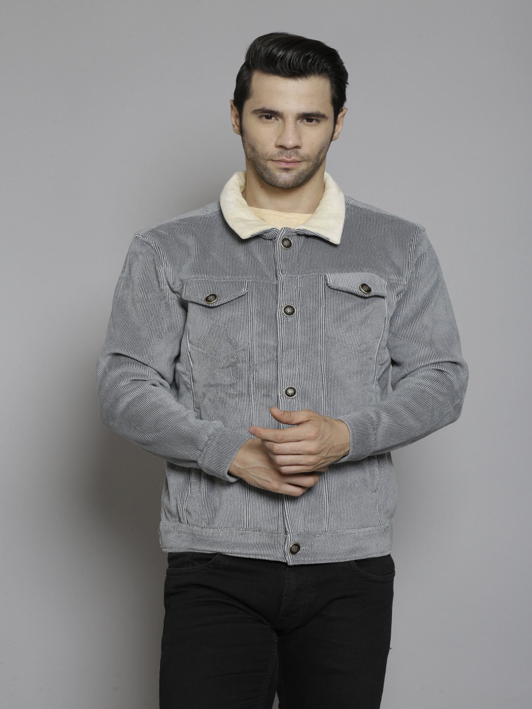 

SIAPA Men Grey Beige Striped Denim Jacket