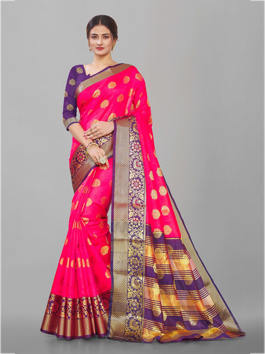 

Paramparik Textile Pink & Gold-Toned Ethnic Motifs Zari Pure Silk Dharmavaram Saree