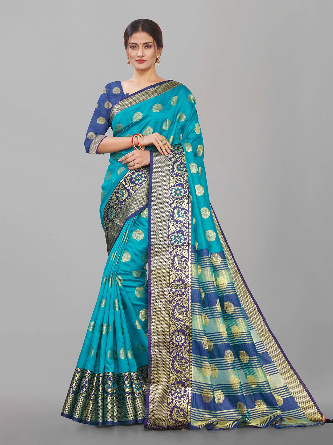 

Paramparik Textile Green & Navy Blue Woven Design Zari Pure Silk Dharmavaram Saree