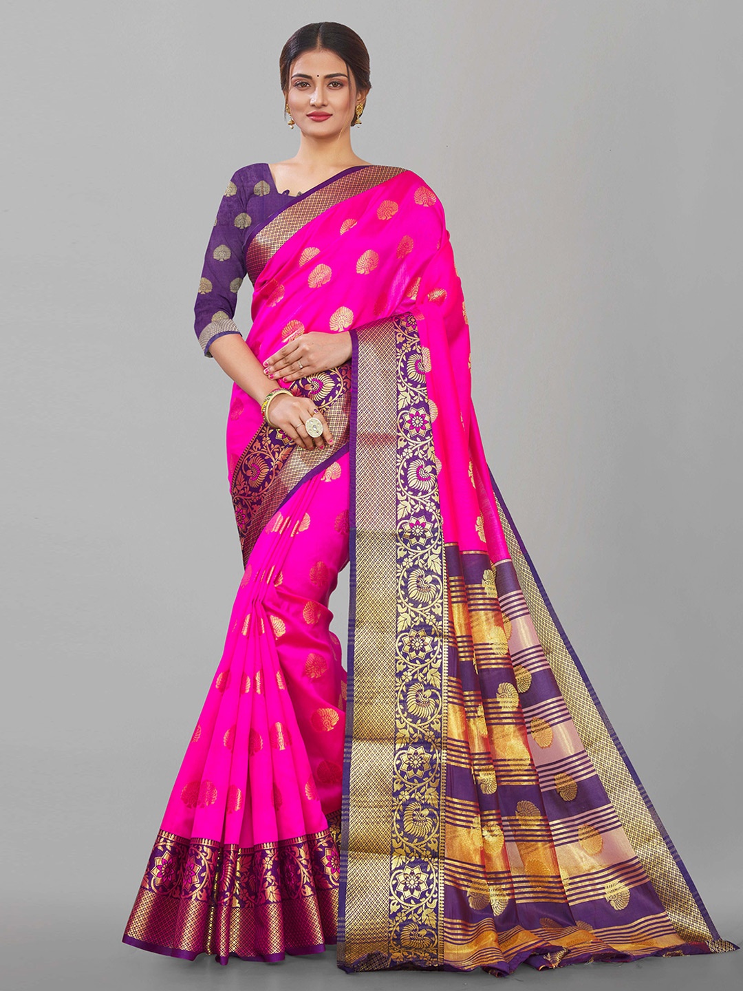 

Paramparik Textile Pink & Navy Blue Zari Pure Silk Dharmavaram Saree
