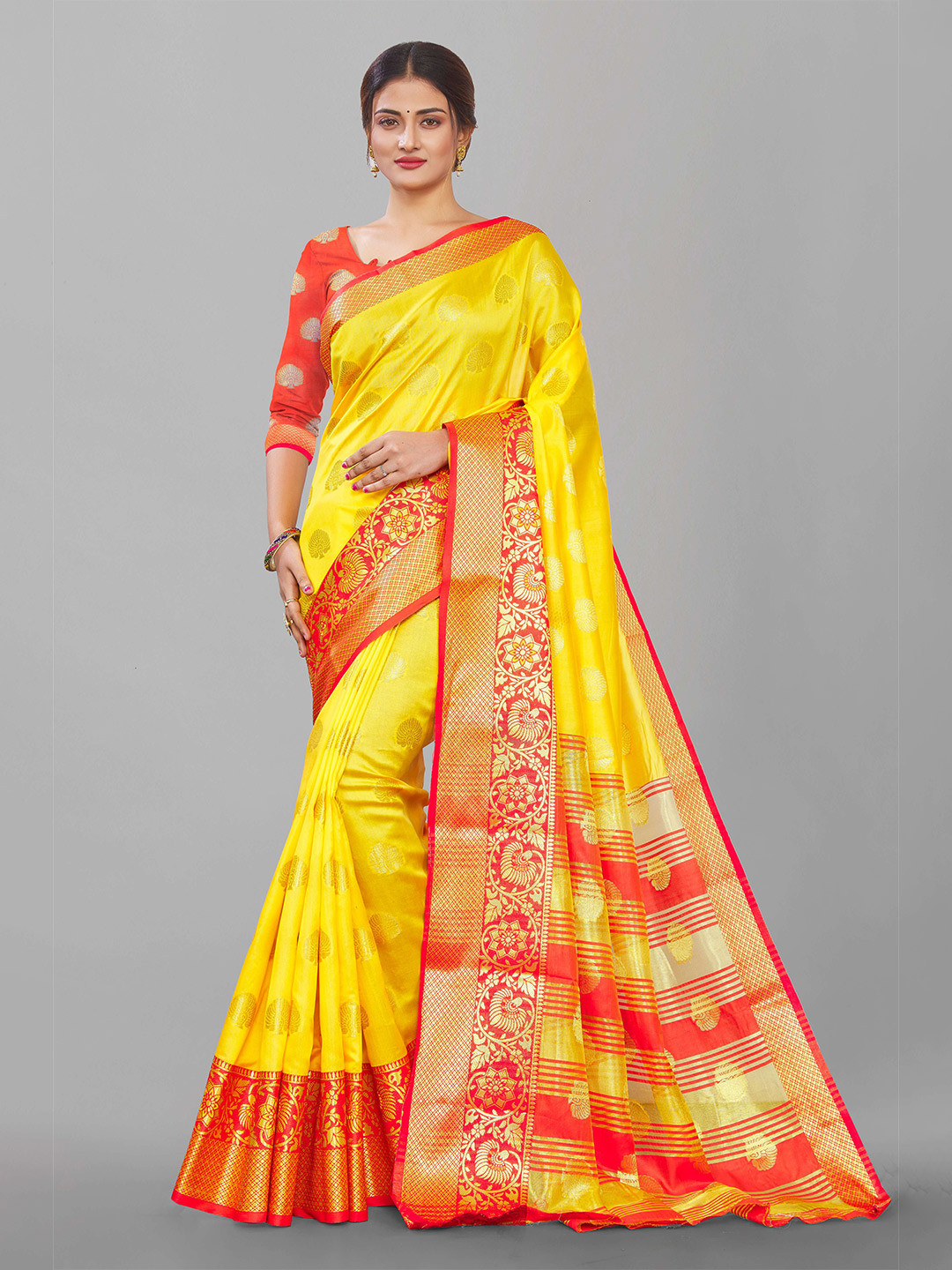 

Paramparik Textile Yellow & Orange Ethnic Motifs Zari Pure Silk Dharmavaram Saree