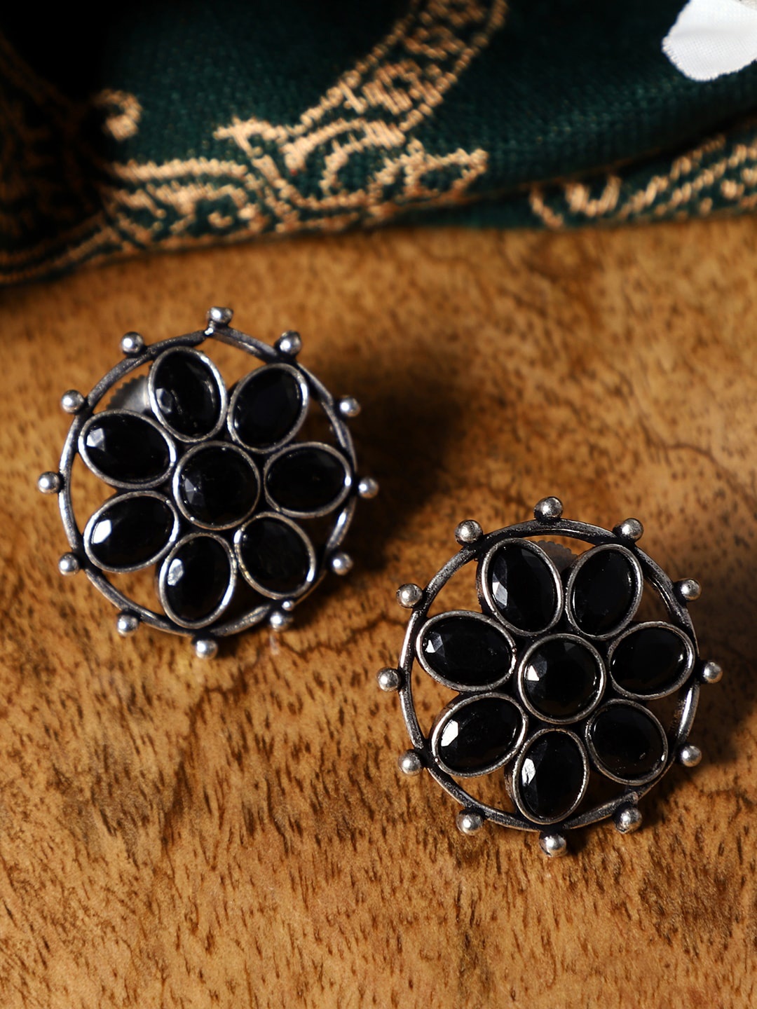 VENI Black & Silver-Plated Oxidized Floral Studs Earrings
