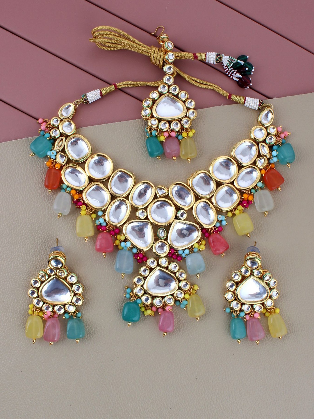 

LUCKY JEWELLERY 18K Gold-Plated White & Green Kundan Studded Jewellery Set