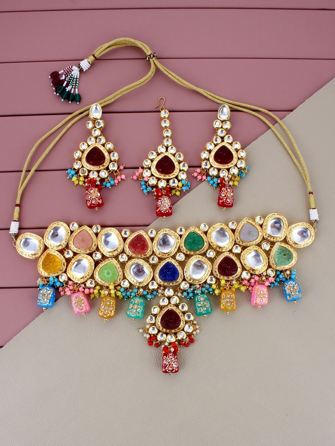 

LUCKY JEWELLERY 18K Gold-Plated & Red Kundan Studded Jewellery Set