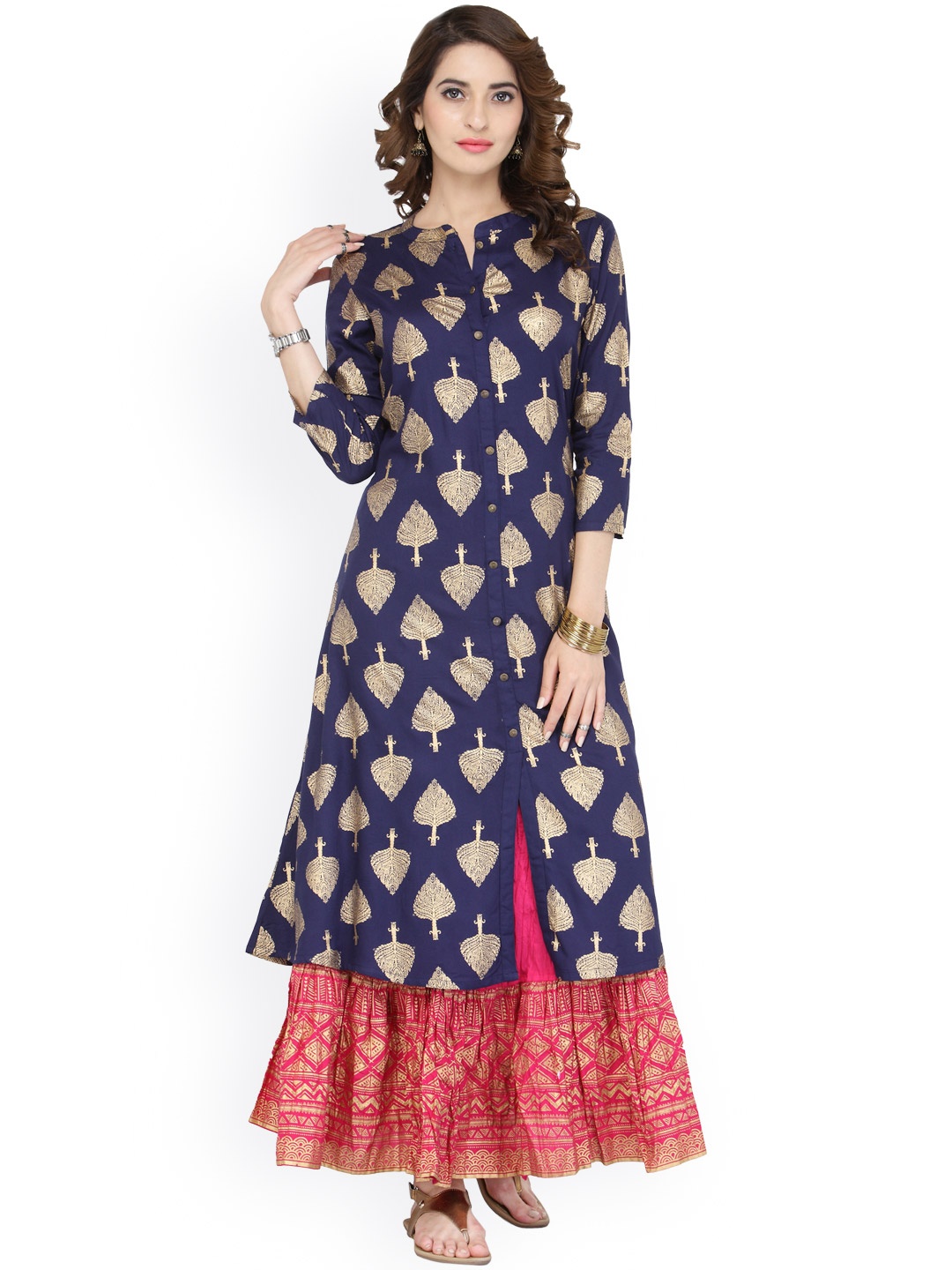 

Varanga Blue Viscose Gold Print Kurta With Skirt