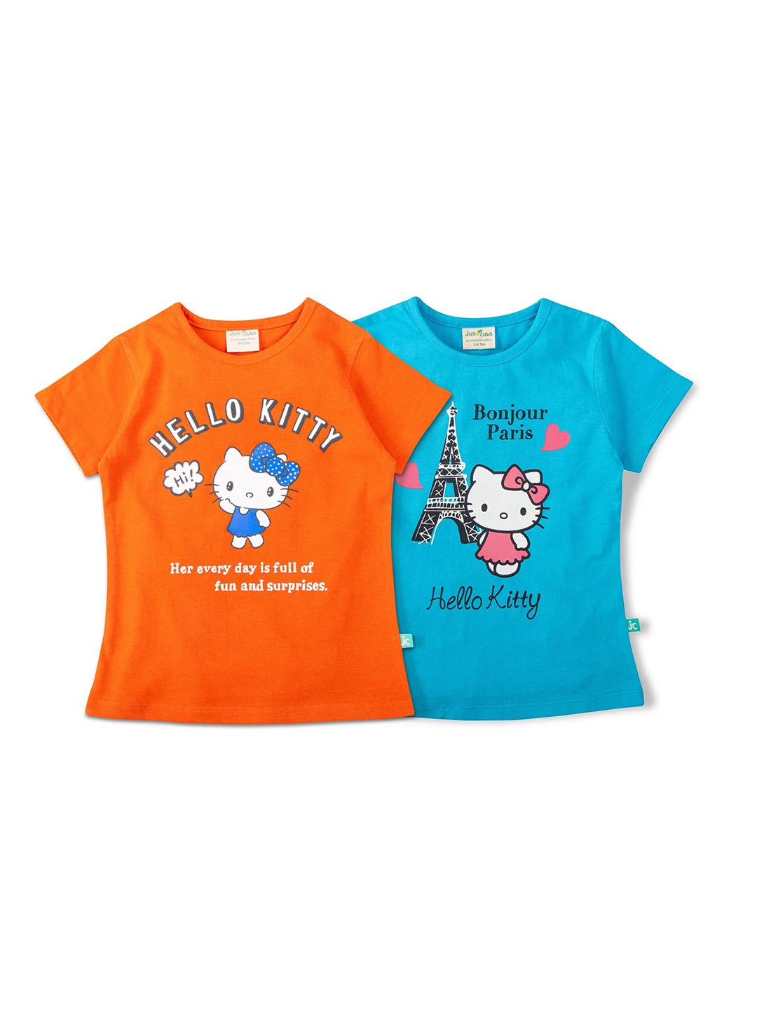 

JusCubs Girls Pack of 2 Orange & Blue Hello Kitty Printed Cotton T-shirt