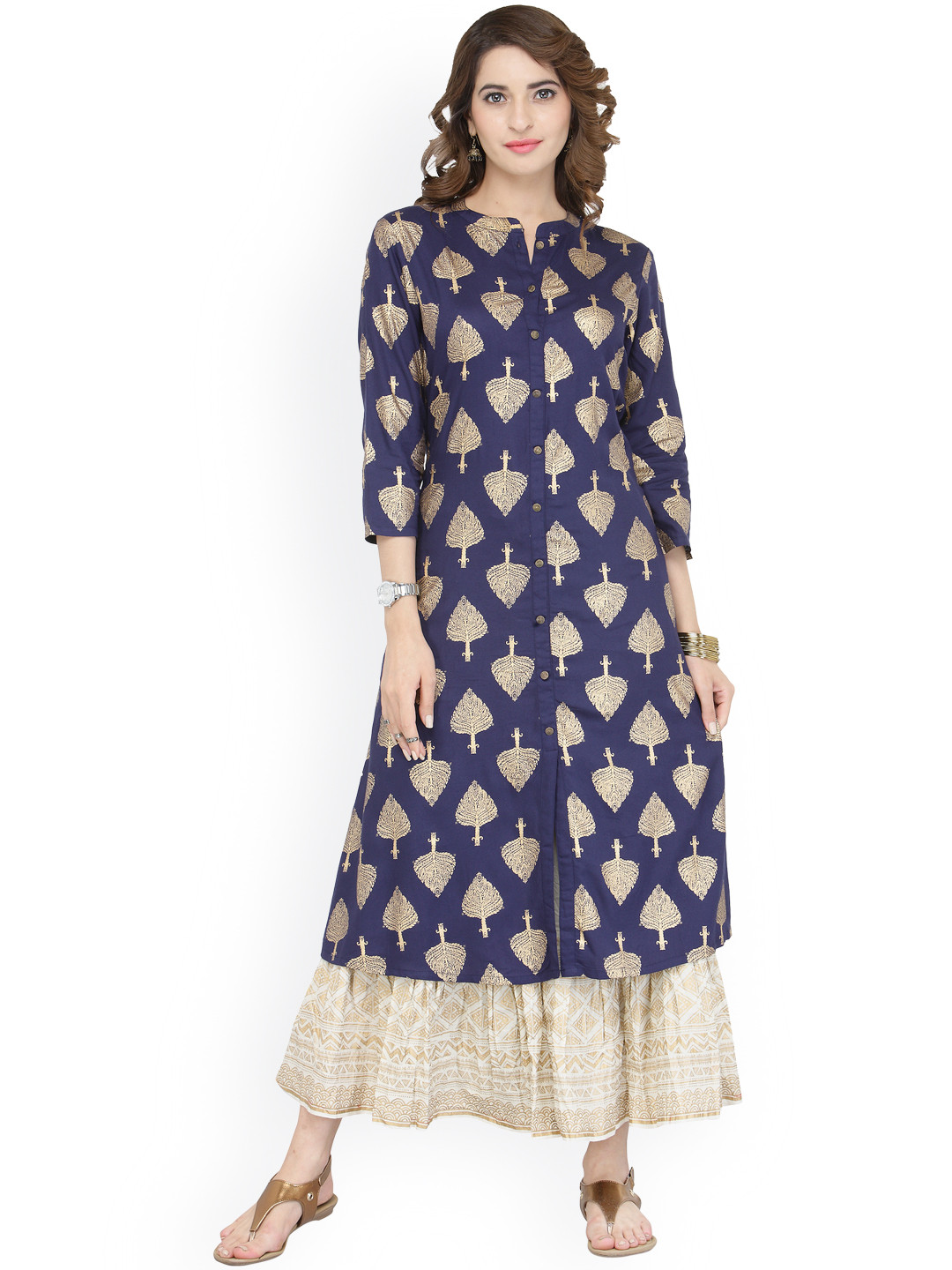 

Varanga Blue Viscose Gold Print Kurta With Skirt