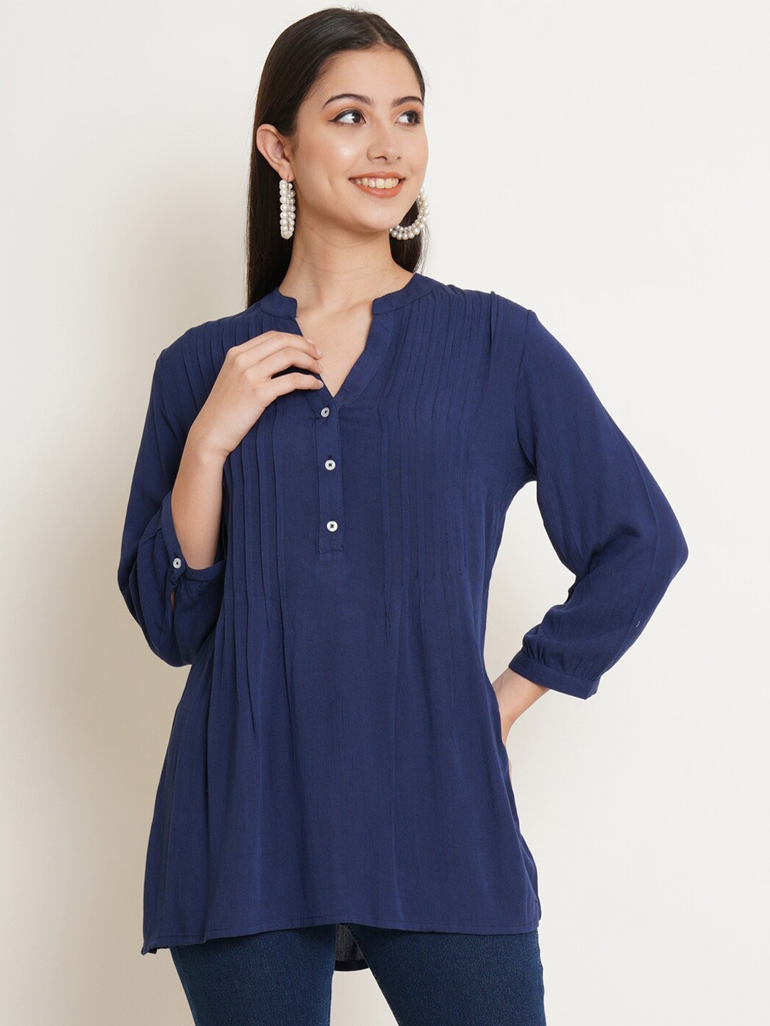 

IX IMPRESSION Navy Blue Mandarin Collar Longline Top