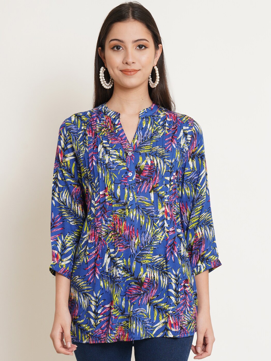

IX IMPRESSION Blue Floral Print Mandarin Collar Top