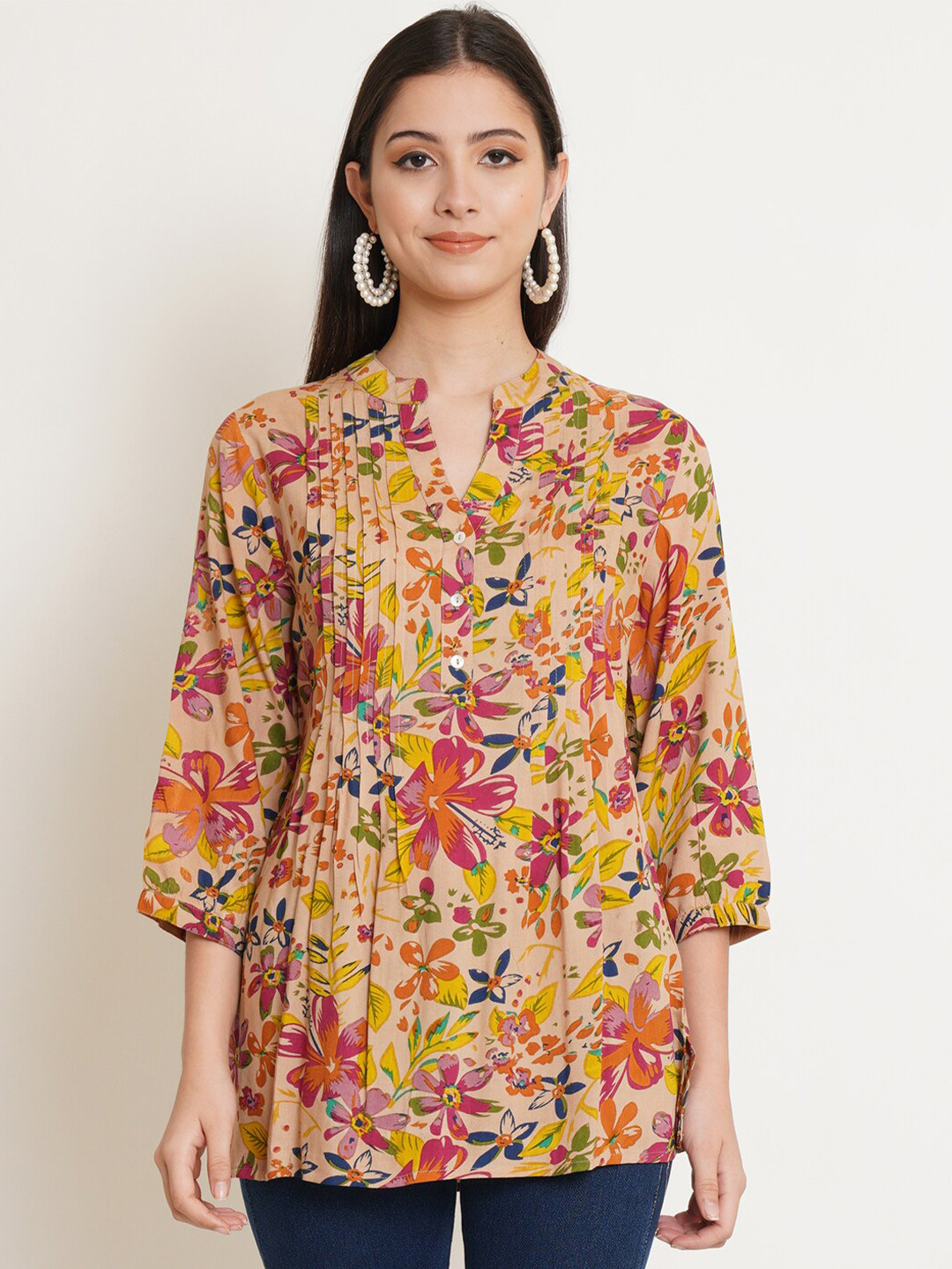 

IX IMPRESSION Women Yellow & Maroon Floral Print Mandarin Collar Top