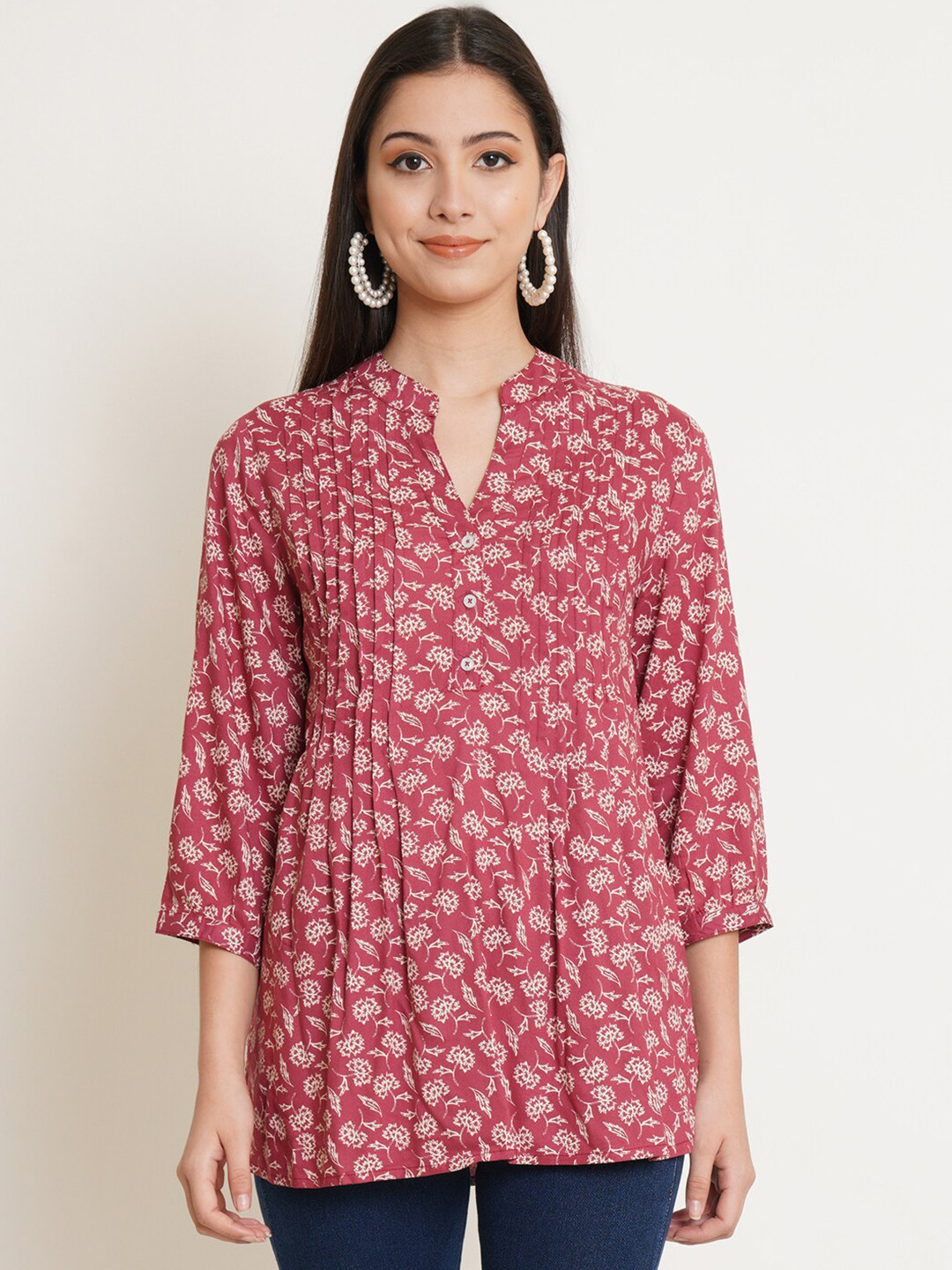 

IX IMPRESSION Women Coral & Pink Floral Print Mandarin Collar Top