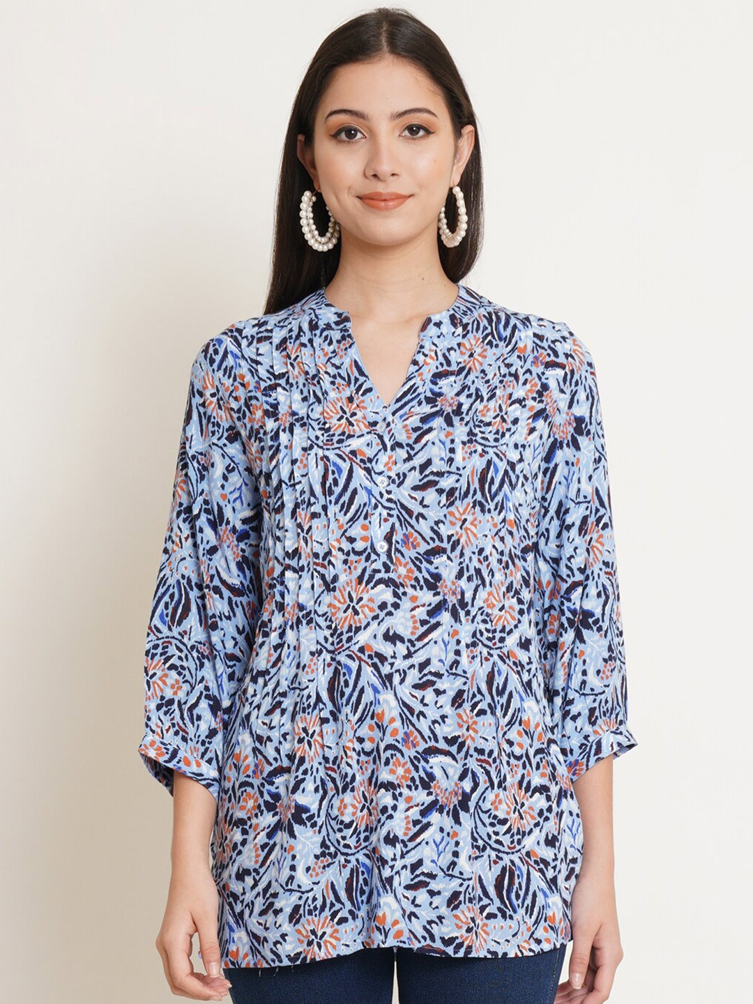 

IX IMPRESSION Women Blue Floral Print Mandarin Collar Top