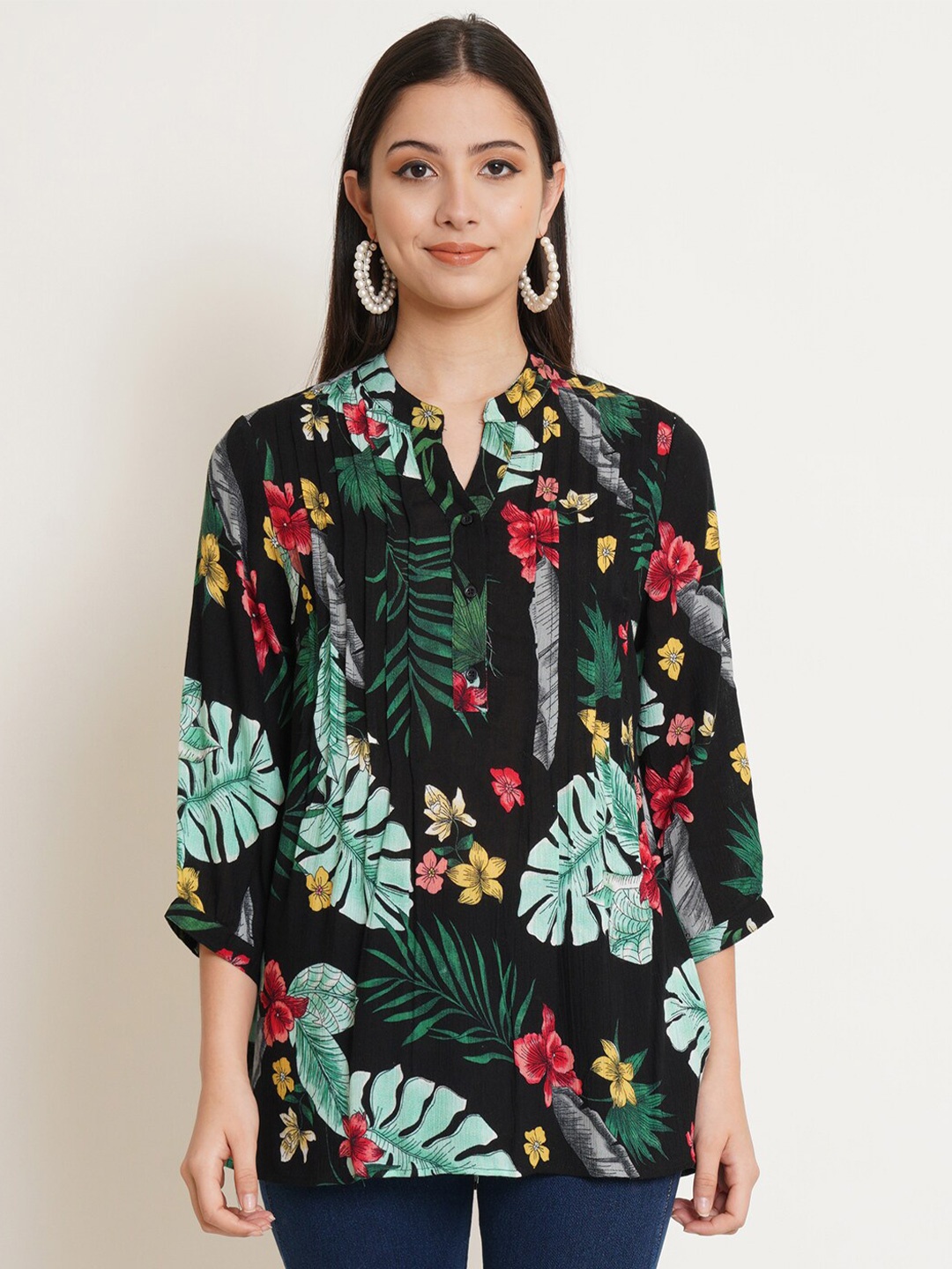 

IX IMPRESSION Black Floral Print Mandarin Collar Top