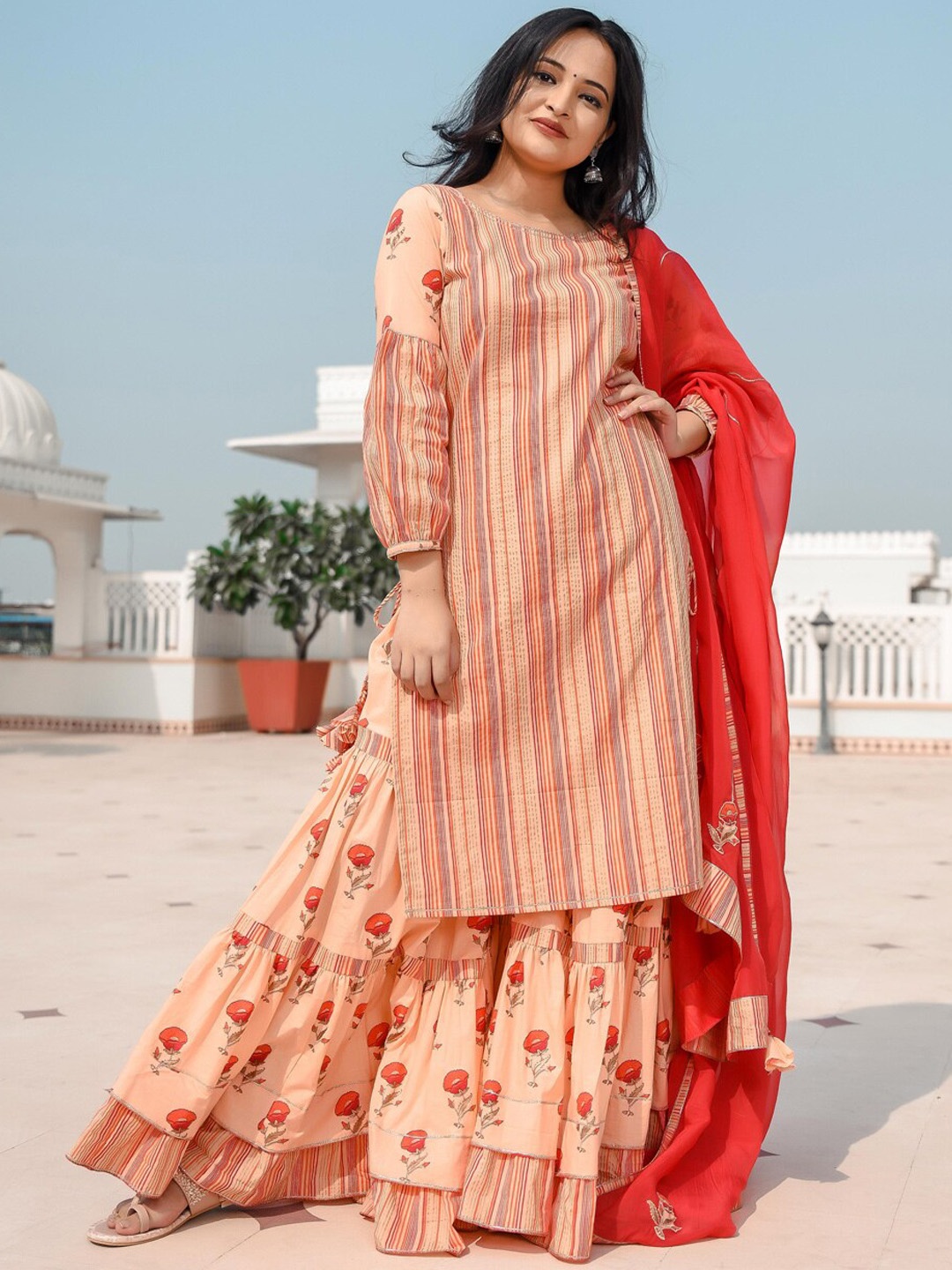 

Indian Virasat Women Peach & Red Striped Pure Cotton Kurta with Sharara & With Dupatta