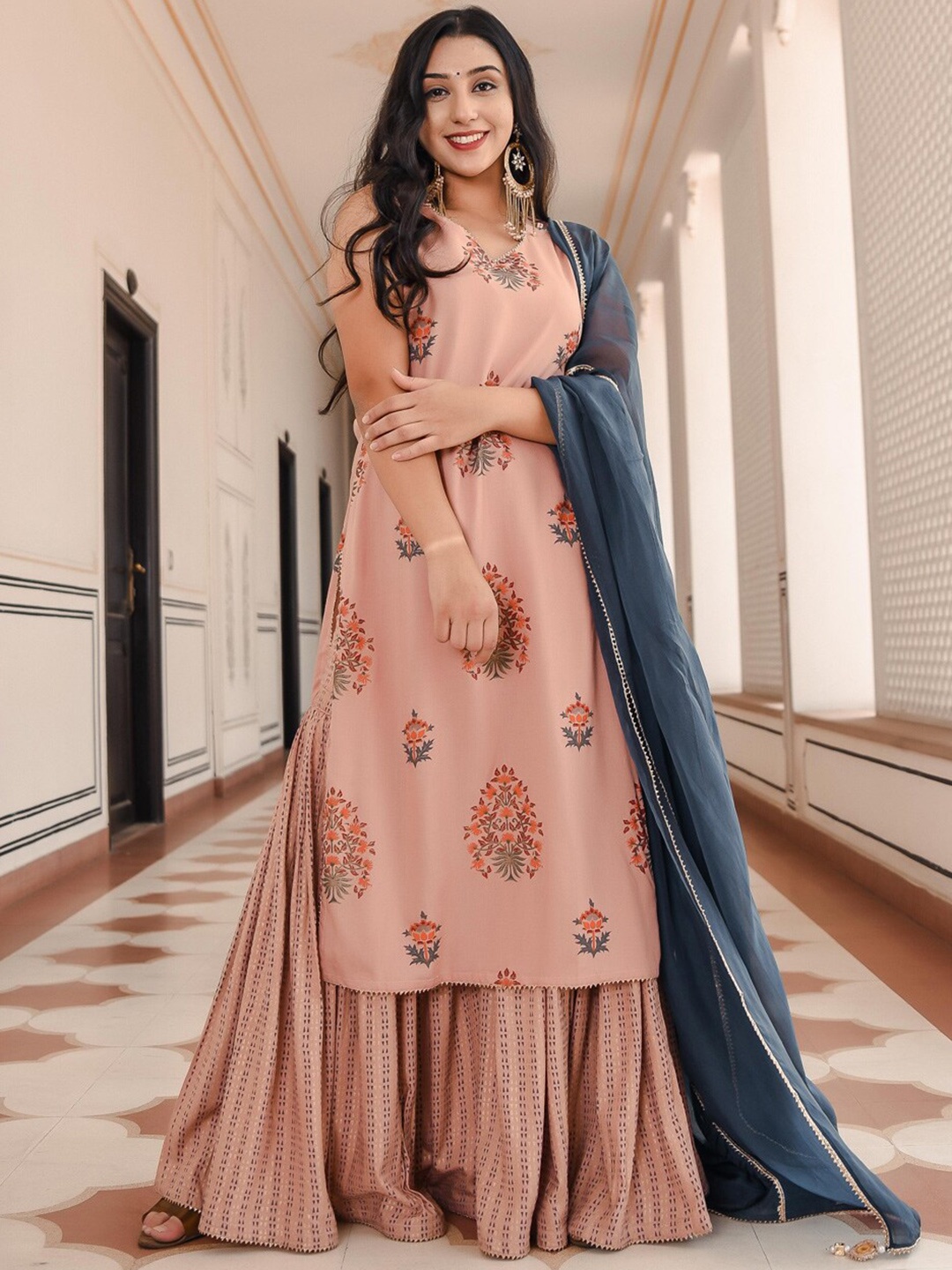 

Indian Virasat Women Peach-Coloured Ethnic Motifs Printed Kurta with Sharara & Dupatta