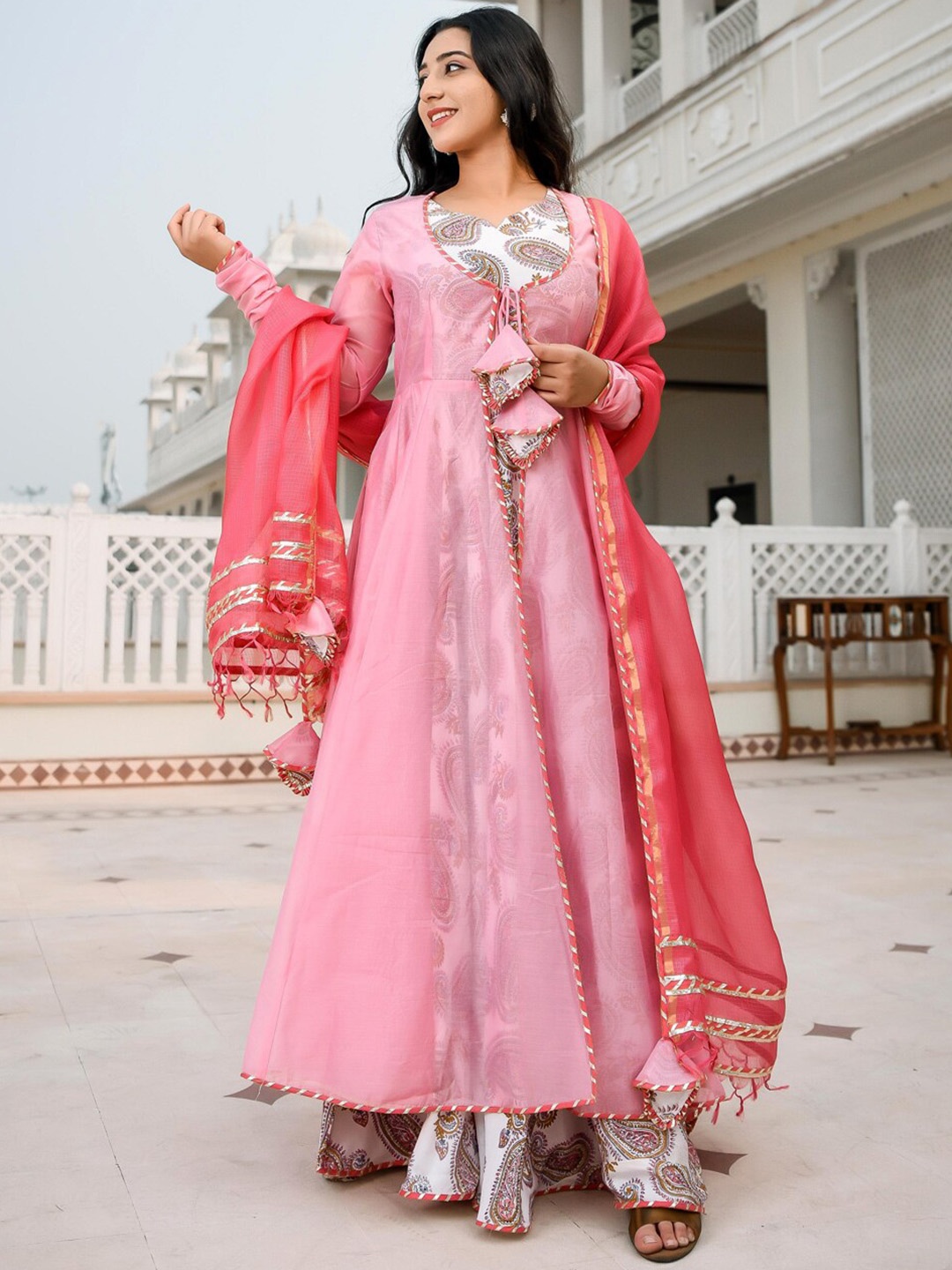 

Indian Virasat Women Pink Printed Layered Kurta with Trousers & With Dupatta Set
