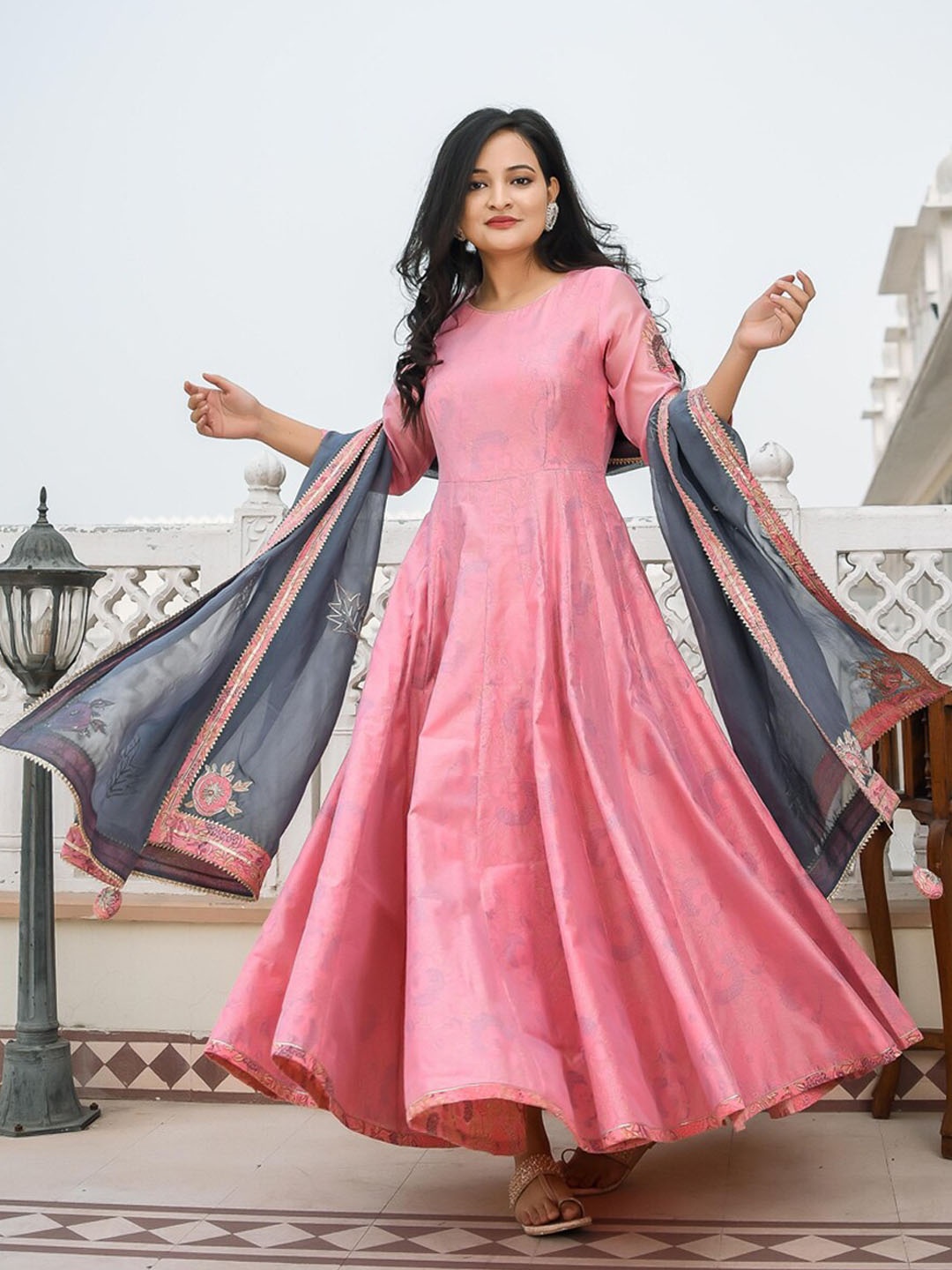 

Indian Virasat Women Pink Floral Printed Kurta with Trousers & With Dupatta