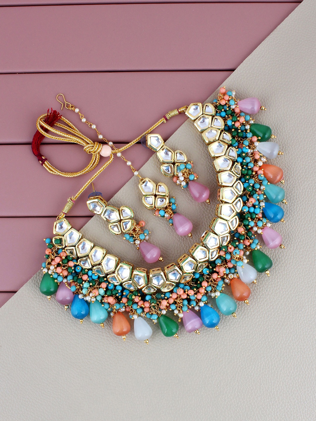 

LUCKY JEWELLERY 18K Gold-Plated Multi-Coloured Kundan Studded Beaded Jewellery Set