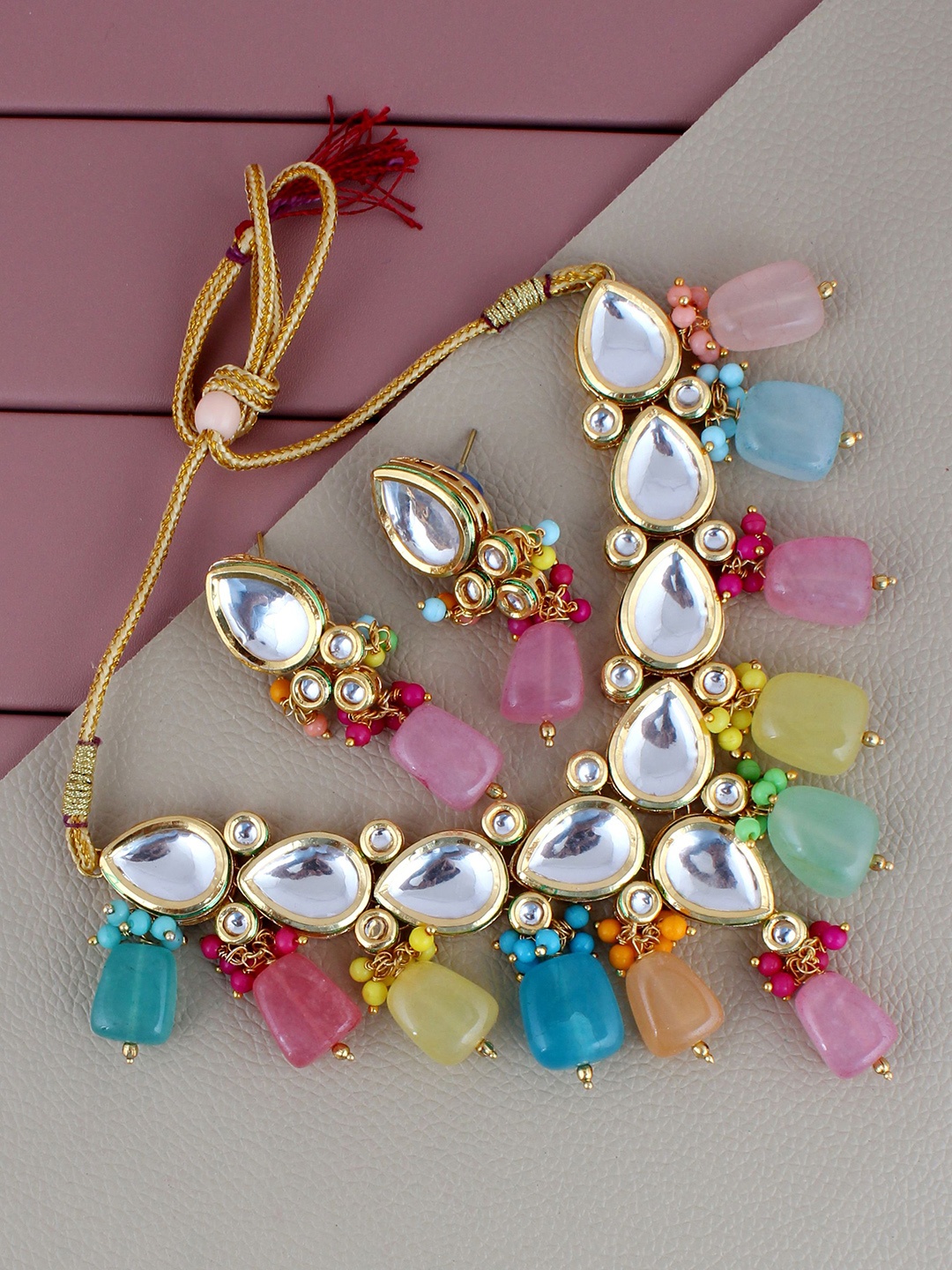 

LUCKY JEWELLERY 18K Gold-Plated White & Blue Kundan Studded & Beaded Jewellery Set