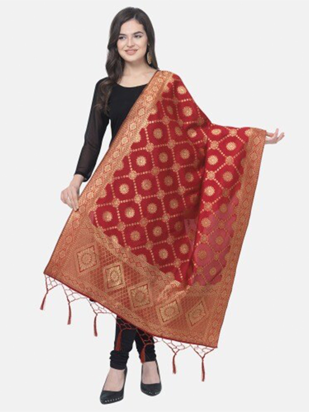 

MORLY Red & Gold-Toned Ethnic Motifs Woven Design Cotton Silk Dupatta