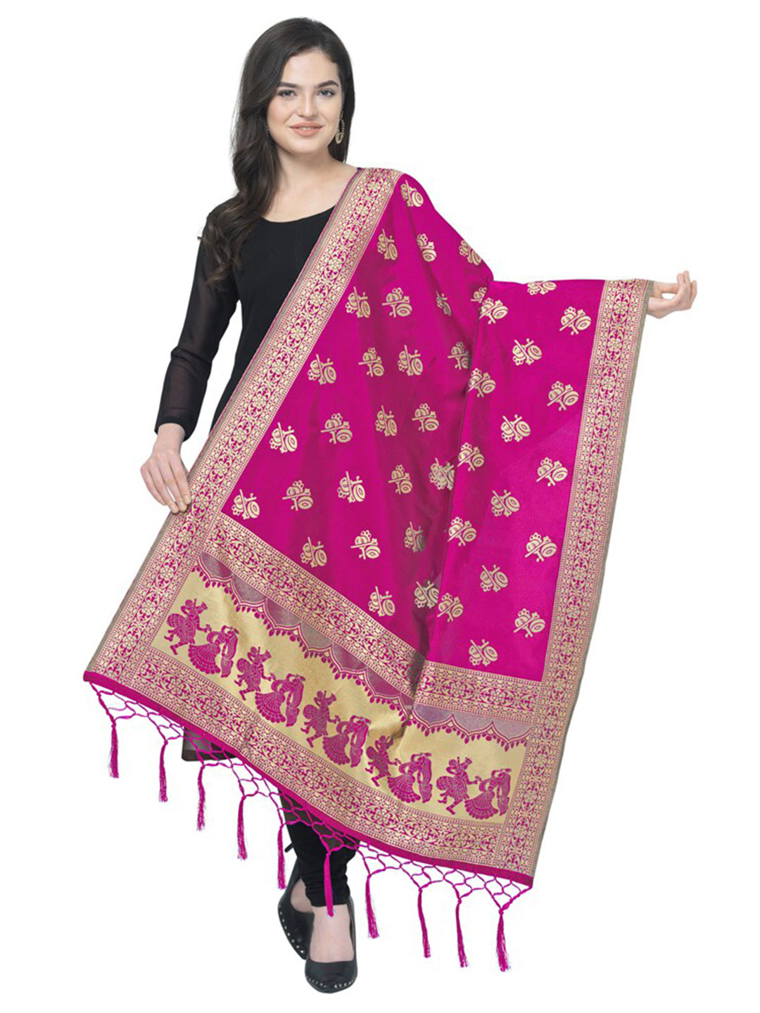 

MORLY Pink & Gold-Toned Woven Design Cotton Silk Dupatta with Zari