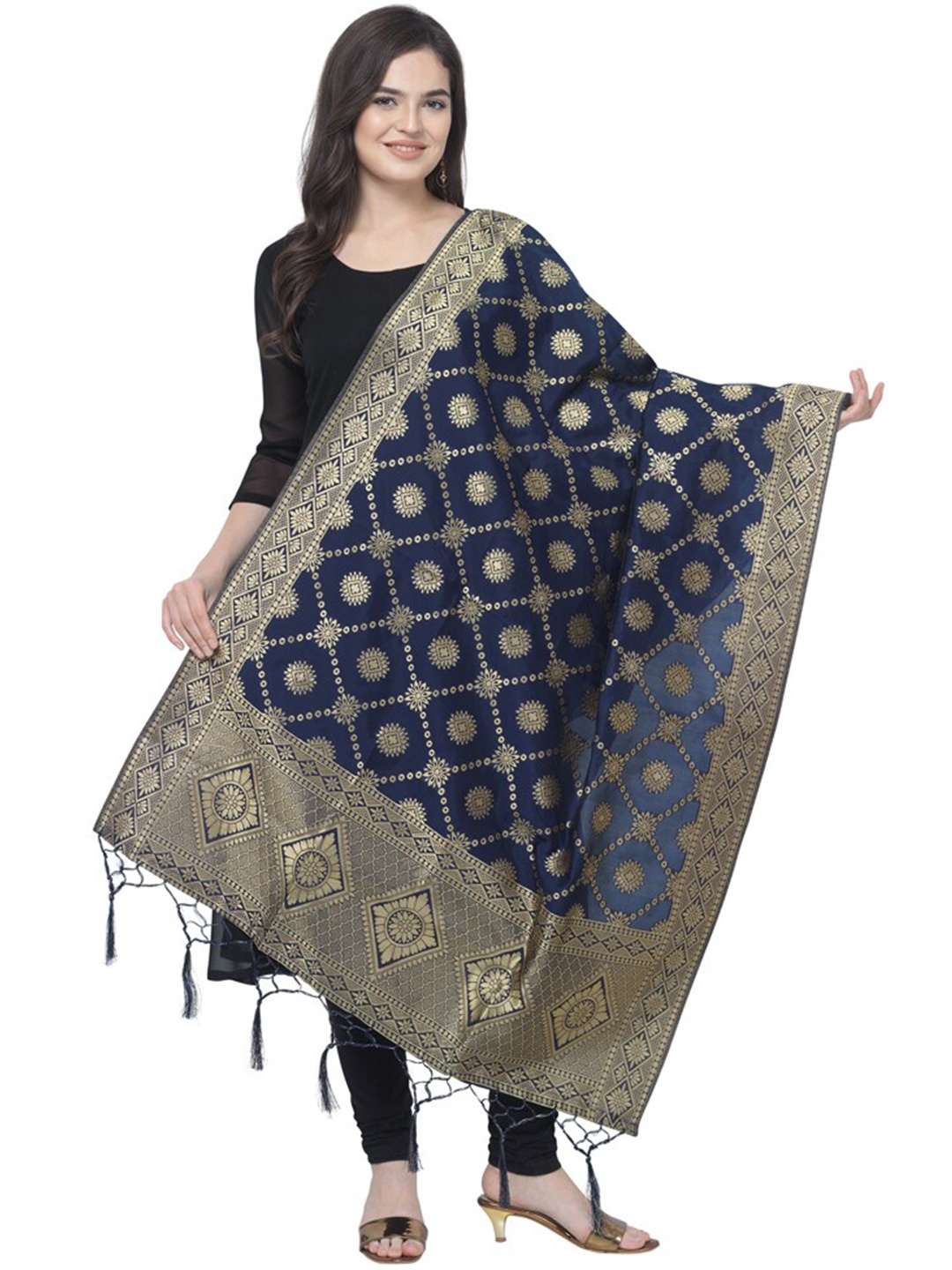 

MORLY Navy Blue And Gold Toned Woven Design Zari Dupatta