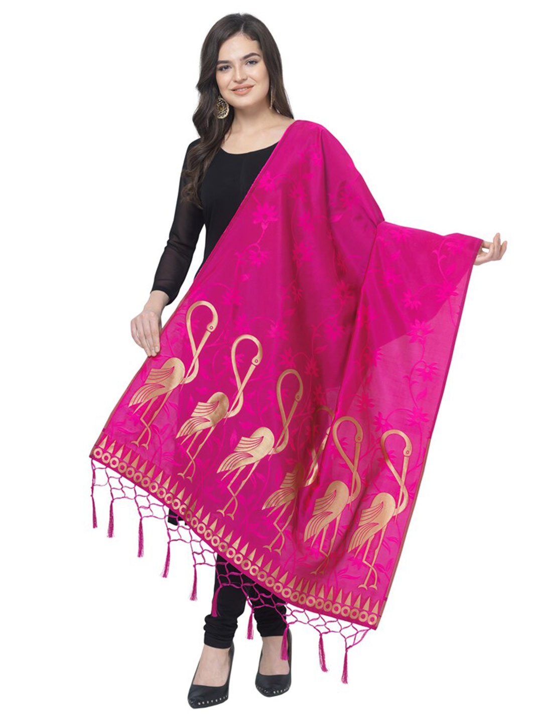 MORLY Pink & Gold-Toned Woven Design Cotton Silk Dupatta