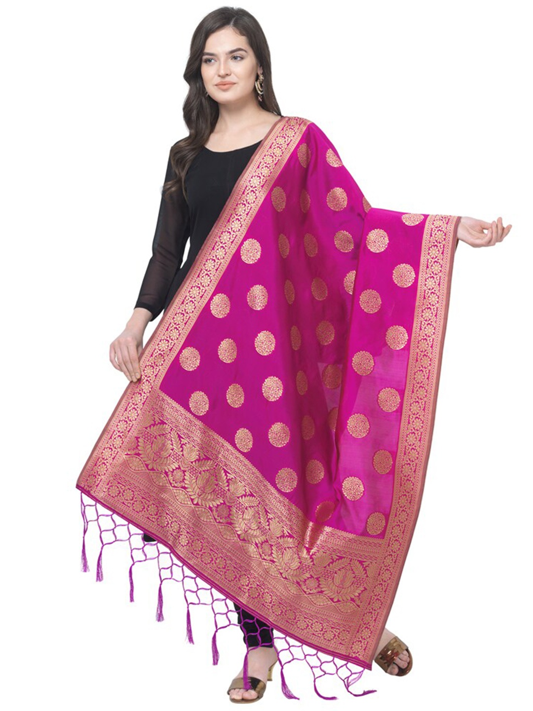 

MORLY Women Pink & Gold-Toned Woven Design Banarasi Silk Dupatta with Tassels