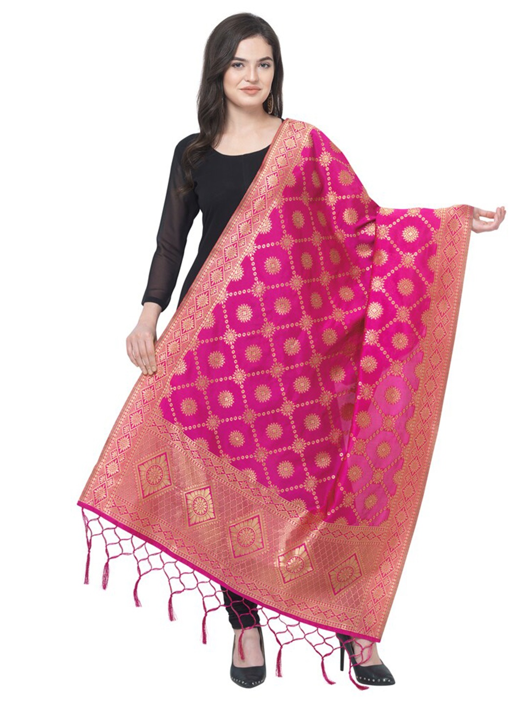 

MORLY Women Pink & Gold-Toned Woven Design Cotton Silk Dupatta with Zari