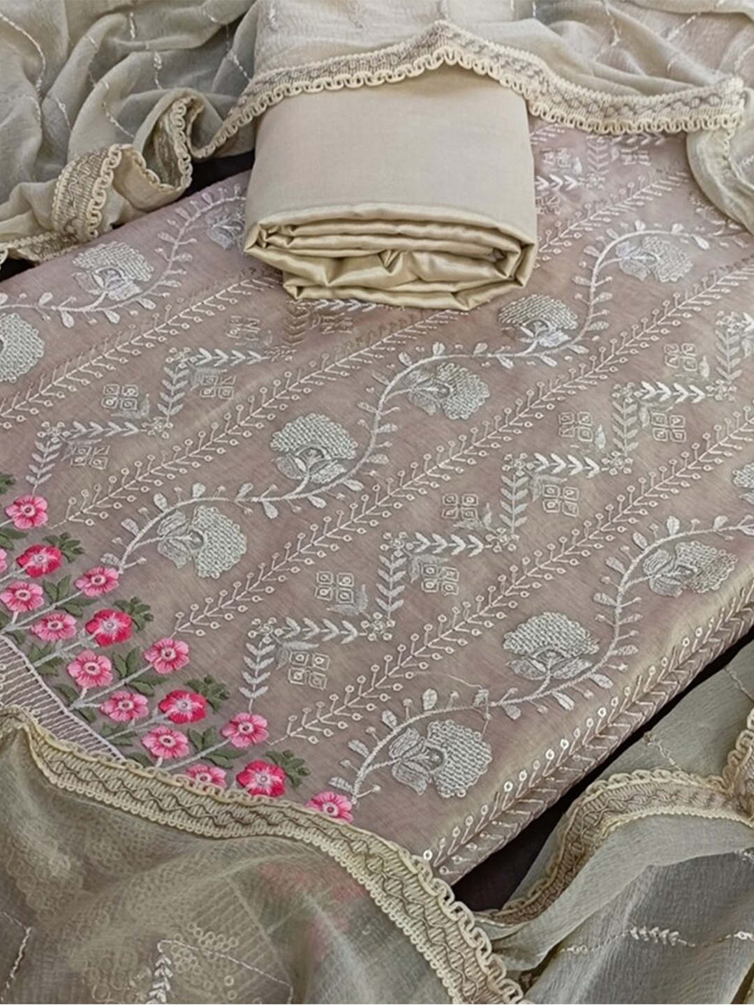 

SALWAR STUDIO Beige & Red Embroidered Unstitched Dress Material